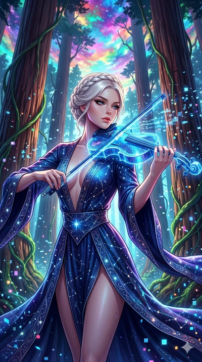 score_9, masterpiece, best quality, ultra-detailed, Set A: High-budget Anime Keyframe, Japanese woman. Upper body close-up from the thighs up, character filling the screen for maximum presence. Theme: Primal Nature. playing a holographic violin in a 