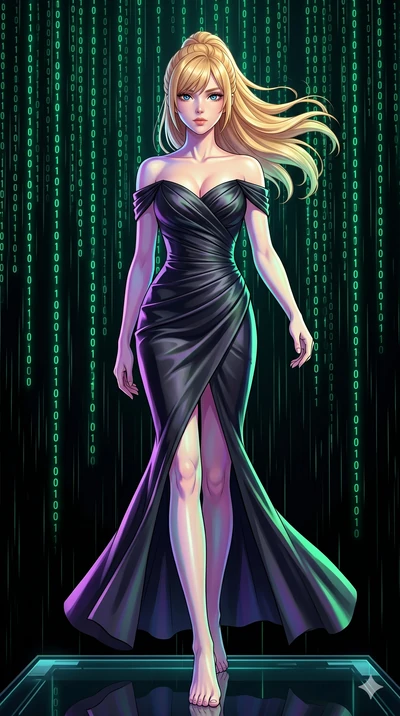 score_9, masterpiece, best quality, ultra-detailed, high-budget anime keyframe, editorial fashion photography, tasteful artistic composition, Caucasian woman, strictly human ears. low angle full-body shot from head to toe showing her feet, filling th