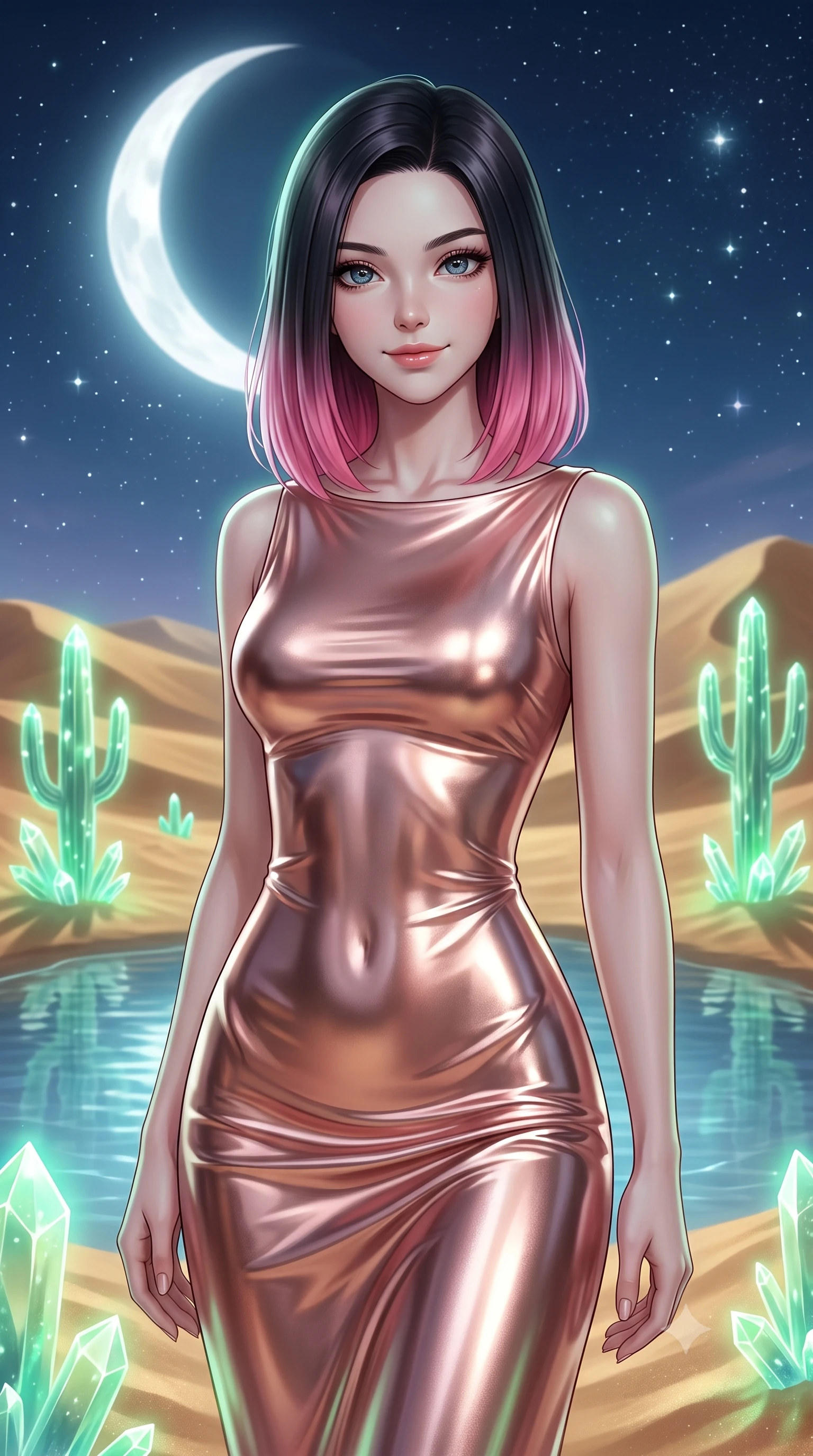 score_9, masterpiece, best quality, ultra-detailed, high-budget anime keyframe, editorial fashion photography, tasteful artistic composition, Korean woman. close-up cowboy shot from the waist and thighs up, the character dominates the composition, filling the frame with her large presence, background elements kept in soft focus. Gently tilting her head with a serene, peaceful smile of quiet happiness. set against a soft-focus background of standing beside a pristine desert pool surrounded by shifting gold sand dunes and glowing crystal cacti under a clear starry night. She has an exceptionally elegant, slender, and willowy female figure with a highly-defined ultra-slim waist, a gracefully sculpted slender torso, and a refined slim-fit silhouette that contours her form. sharp v-shaped jawline, high-bridge nose, intricate jewel-like eyes with depth, thick eyelashes, glossy lips with a natural sheen. wearing a liquid metallic rose gold evening gown with a high boat neckline, flowing like liquid metal along her statuesque slender frame. soft white moonlight from a large crescent moon with a gentle green bioluminescent glow from the cacti. 2k, ultra detail, master piece, 9:16 ratio