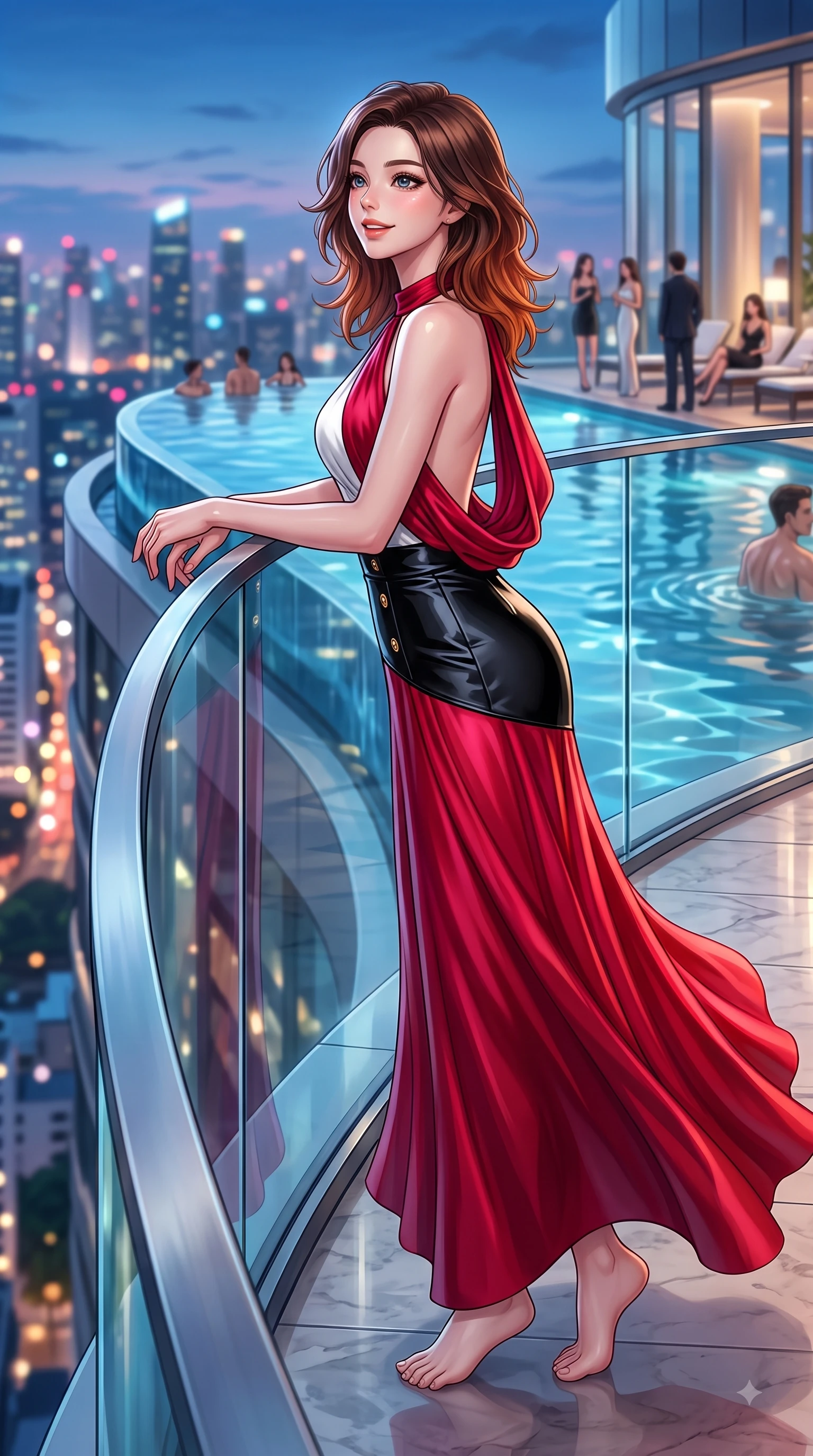 score_9, masterpiece, best quality, ultra-detailed, high-budget anime keyframe, editorial fashion photography, tasteful artistic composition, Korean woman. low angle full-body shot from head to toe showing her feet, filling the entire 9:16 vertical frame with her statuesque presence, stretching her vertical silhouette. Radiant anticipation in her face, glowing with hopeful curiosity and warm expectant energy while leaning against a sleek glass railing overlooking a vibrant urban skyline. The composition keeps background elements in soft focus with dreamy bokeh. infinity pool water reflections and glass railings softened in smooth shallow focus. She has an absolutely perfect, statuesque 8.5-heads proportion, an exceptionally tall and slender model-like female figure with impossibly long slender legs and an ultra-slim waist. sharp v-shaped jawline, high-bridge nose, intricate jewel-like eyes with depth, thick eyelashes, glossy lips with a natural sheen, flawlessly proportioned anatomical accuracy, natural body alignment, perfectly sculpted elegant limbs, clean dynamic posture without body distortion. wearing a dramatic crimson silk halter-neck gown with a draped open-back silhouette in monochrome white and glossy black contrast, tailored from crisp high-density cotton poplin, finished with gold metallic hardware buttons along the front, the fluid drape swaying gracefully with her dynamic editorial movement. surrounded by an opulent, glamorous, and high-fashion nightlife editorial aura. highly saturated vibrant anime colors, detailed shading with soft gradients, rich glossy textures, high-contrast stereoscopic depth, volumetric dynamic lighting, master piece, 9:16 ratio