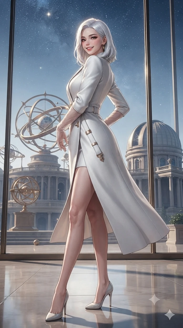 score_9, masterpiece, best quality, ultra-detailed, high-budget anime keyframe, editorial fashion photography, tasteful artistic composition, Korean woman. low angle full-body shot from head to toe showing her feet, filling the entire 9:16 vertical frame with her statuesque presence, stretching her vertical silhouette. posing in a classic haute-couture S-curve stance beside the floor-to-ceiling window, looking over a bare shoulder with magnetic presence while twisting her slender torso in an alluring S-curve, celestial starlight and golden thread pulses highlighting her flat midriff and hips. The surrounding environment is rendered in vivid detail and crisp panoramic clarity: detailed garment tailoring, metallic hardware accents, and monumental Renaissance astronomical engineering in high resolution. She has an exceptionally tall and slender model-like 8.5-heads proportion, an ultra-slim waist, a flat toned midriff, narrow delicate ribcage, and beautifully sculpted feminine hips creating a graceful, slim hourglass silhouette without any bulky heaviness, with impossibly long slender legs. sharp v-shaped jawline, high-bridge nose, intricate jewel-like sparkling eyes with depth, thick eyelashes, glossy parted lips with a natural peach sheen, bright cheerful beaming smile with an enchanting and coquettish sensual glint, exuding both youthful cute charm and seductive allure, flawlessly proportioned anatomical accuracy, strict slender model proportions, natural body alignment, perfectly sculpted long slender limbs, ultra-slim waistline, clean dynamic posture without body distortion. wearing a bespoke arctic opera coat dress in snow-white double-faced cashmere with metallic thread accents in Solaris liquid rose-quartz and alien peach, woven from structured carbon-fiber jacquard with rich textural depth, complemented by sheer opera-length evening gloves tracing her slender arms, the impeccably tailored cut draping gracefully along her slender figure with aristocratic poise. illuminated by polished brass reflection bounce and sharp starlight-gold rim lights defining her razor-sharp jawline, narrow waist, and curvy hips. ultra-reflective glossy finish, specular highlights, rich textural contrasts, high-contrast stereoscopic depth, volumetric dynamic lighting, 2k, ultra detail, master piece, 9:16 ratio