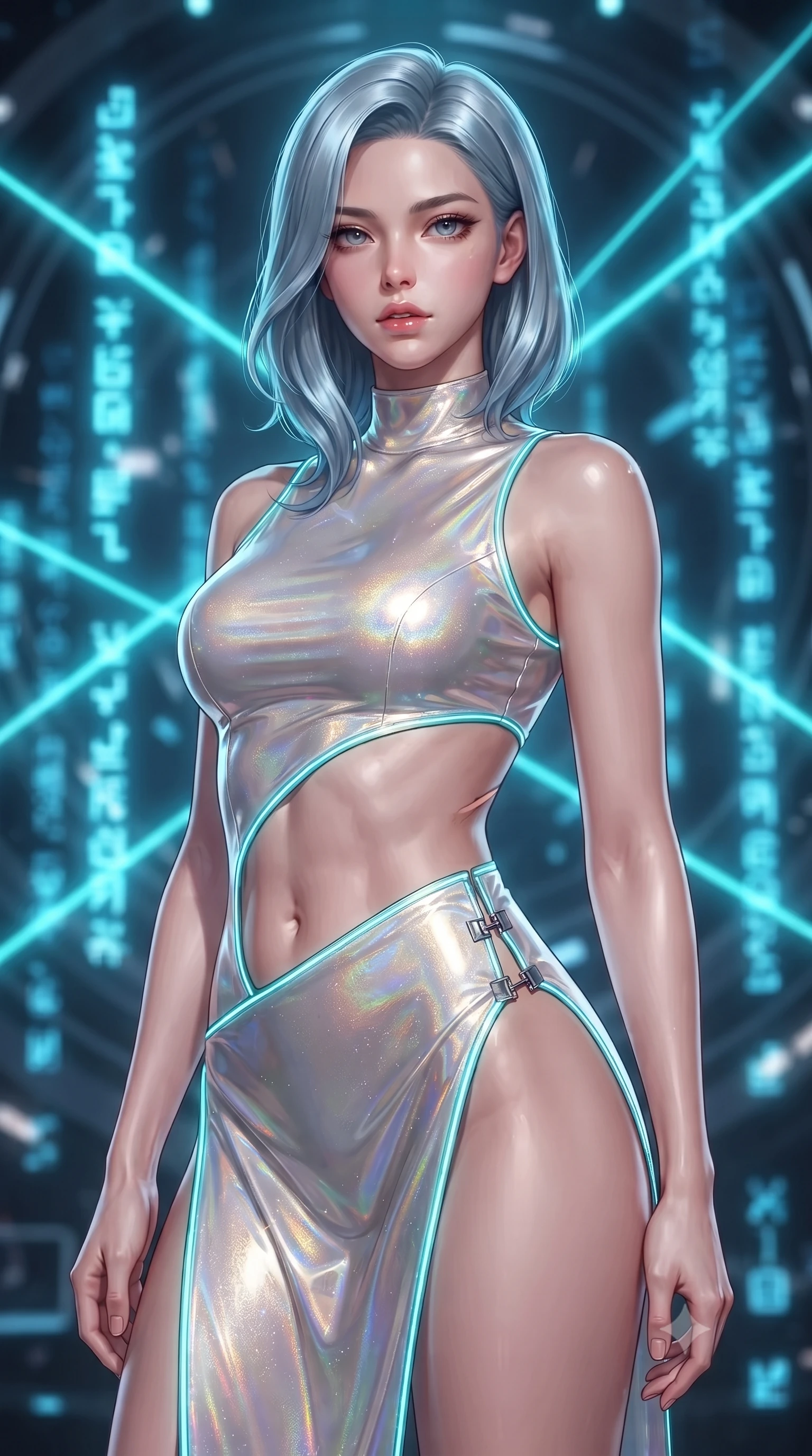 score_9, masterpiece, best quality, ultra-detailed, high-budget anime keyframe, editorial fashion photography, tasteful artistic composition, Korean woman. close-up cowboy shot from the waist and thighs up, the character dominates the composition, filling the frame with her large presence. looking into the camera lens with intense, captivating depth, softly parted glossy lips and thick eyelashes framing her ethereal gaze while pausing at the center of a circular laser nexus as vertical light pillars project glowing cybernetic glyphs around her. The composition keeps background elements in soft focus with creamy bokeh. criss-crossing cyan laser beams and glowing glyph matrices blurred into dazzling electric blue and charcoal bokeh. She has an exceptionally elegant, slender, and willowy female figure with an ultra-slim waist, a gracefully sculpted slender torso, toned flat midriff, and a refined slim silhouette. sharp v-shaped jawline, high-bridge nose, intricate jewel-like eyes with depth, thick eyelashes, glossy lips with a natural sheen, flawlessly proportioned anatomical accuracy, strict slender model proportions, natural body alignment, perfectly sculpted long slender limbs, ultra-slim waistline, clean dynamic posture without body distortion. wearing a second-skin white-and-gold high-fashion tech-bodysuit with diagonal midriff cutouts and glowing cyan fiber seams in iridescent holographic chrome with prism violet highlights, crafted from delicate iridescent organza interwoven with luminescent micro-fibers, finished with an ultra-high side slit secured by miniature magnetic clasps, the form-contouring material adhering flawlessly to her sculpted flat midriff and slender torso, emphasizing her long leg lines and perfectly proportioned willowy build. bathed in intense high-contrast cyan laser rim lighting and deep obsidian shadow fill. ultra-reflective glossy finish, specular highlights, dark metallic sheen, high-contrast stereoscopic depth, volumetric dynamic lighting, 2k, ultra detail, master piece, 9:16 ratio