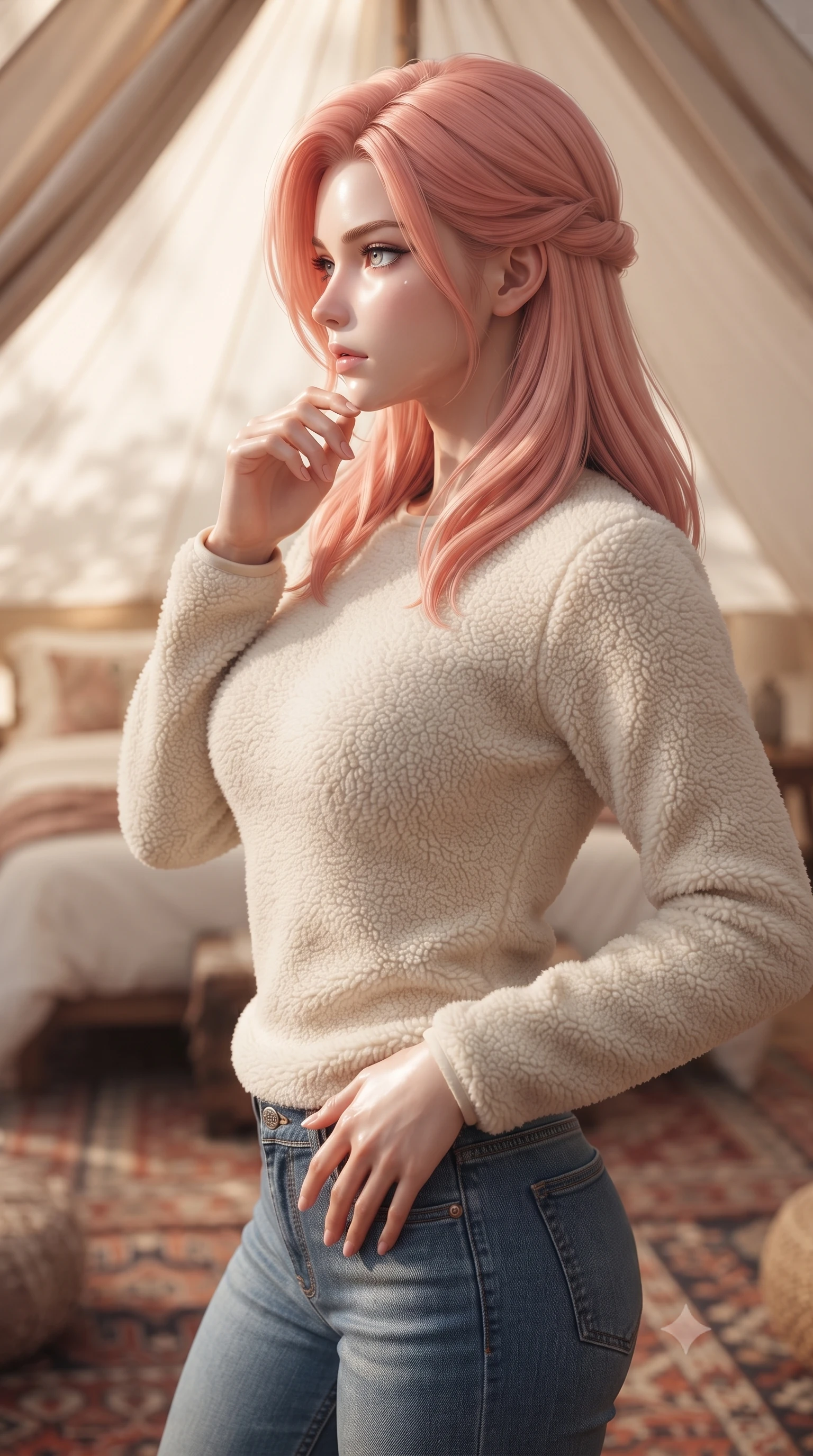 score_9, masterpiece, best quality, ultra-detailed, high-budget anime keyframe, editorial fashion photography, tasteful artistic composition, Japanese woman. close-up cowboy shot from the waist and thighs up, the character dominates the composition, filling the frame with her large presence, background elements kept in soft focus. turning her face in sharp profile, casting a cold, mysterious, yet intensely alluring side gaze, the background shows a soft-focus the interior of a glamping tent with a plush bed, bohemian carpets, and canvas walls. She has an exceptionally elegant, slender, and willowy female figure with an ultra-slim waist, a gracefully sculpted slender torso, and a refined silhouette. sharp v-shaped jawline, high-bridge nose, intricate jewel-like eyes with depth, thick eyelashes, glossy lips with a natural sheen. wearing a form-contouring comfortable cream fleece sweater over blue denim jeans. soft diffused daylight filtering through the canvas, creating a warm ambient glow. ultra-reflective glossy finish, specular highlights, metallic sheen, high-contrast stereoscopic depth, volumetric dynamic lighting, 2k, ultra detail, master piece, 9:16 ratio