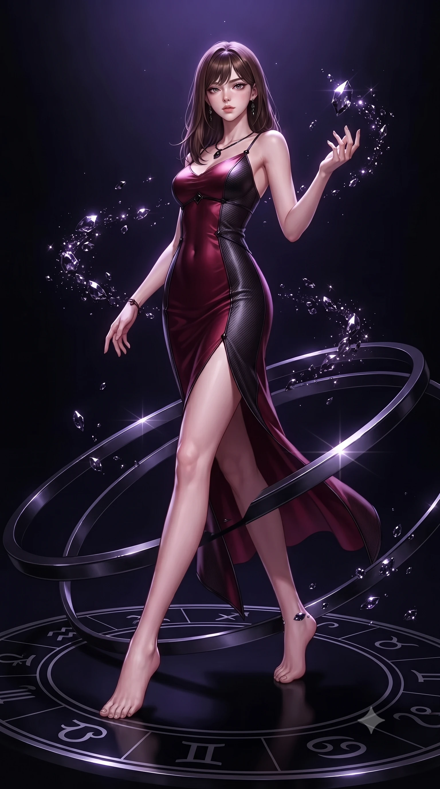 score_9, masterpiece, best quality, ultra-detailed, high-budget anime keyframe, editorial fashion photography, tasteful artistic composition, Korean woman. low angle full-body shot from head to toe showing her feet, filling the entire 9:16 vertical frame with her statuesque presence, stretching her vertical silhouette. interacting with floating dark crystal particles, her long slender legs poised in motion, standing on a black zodiac ring dial looking out into an abyssal void, starlight reflections glinting sharply off dark metallic armillary rings. She has an absolutely perfect, statuesque 8.5-heads proportion, an exceptionally tall and slender model-like female figure with impossibly long slender legs and an ultra-slim waist. sharp v-shaped jawline, high-bridge nose, intricate jewel-like eyes with depth, thick eyelashes, glossy lips with a natural sheen. wearing form-contouring dark crimson liquid silk long slip dress in pitch-black onyx, made of matte carbon-fiber weave, adorned with minimalist black onyx hardware framing the silhouette, following her slender form with tailored precision. surrounded by an eerie dark violet starlight aura and sharp rim highlights. highly saturated vibrant anime colors, detailed shading with soft gradients, rich glossy textures, high-contrast stereoscopic depth, volumetric dynamic lighting, master piece, 9:16 ratio