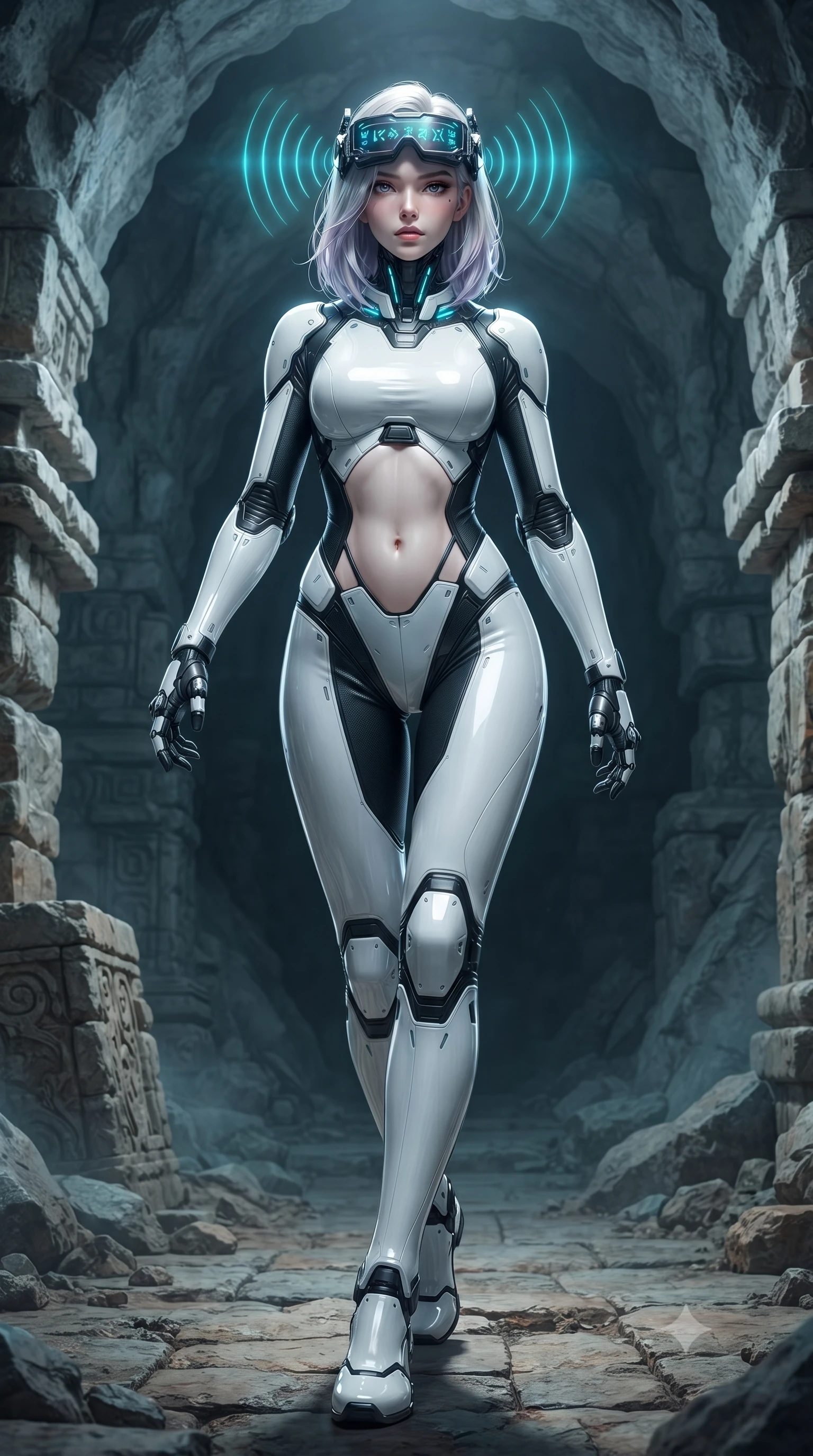 score_9, masterpiece, best quality, ultra-detailed, high-budget anime keyframe, editorial fashion photography, tasteful artistic composition, Caucasian woman. low angle full-body shot from head to toe showing her feet, filling the entire 9:16 vertical frame with her statuesque presence, stretching her vertical silhouette. striding forward with sovereign warrior elegance in a low, predatory combat advance through the ruins, hips swaying with fierce athletic poise while pivoting dynamically as her cybernetic ear-sensor crown pulses with rhythmic cyan sonar waves that ripple through the gloom. The surrounding environment is rendered in vivid detail and crisp panoramic clarity. intricate knuckle shock-absorber joints, cavern stone strata, and wire bundles in high resolution. She has an absolutely perfect, statuesque 8.5-heads proportion, an exceptionally tall and slender model-like female figure with impossibly long slender legs, a toned flat midriff, and an ultra-slim waist. sharp v-shaped jawline, high-bridge nose, intricate jewel-like eyes with depth, thick eyelashes, glossy lips with a natural sheen, fierce and resolute heroine expression, flawlessly proportioned anatomical accuracy, strict slender model proportions, natural body alignment, perfectly sculpted long slender limbs, ultra-slim waistline, clean dynamic posture without body distortion. wearing high-tech holographic tactical goggles resting tipped up on her forehead, casting glowing neon runes across her brow without obscuring her features, paired with an ultra-sleek high-gloss carbon-composite exoskeleton suit featuring kinetic shock-absorbing shin guards and flexible limb articulation joints in monochrome white enamel carbon with high-contrast black tactical panels, made of liquid carbon-jersey fabric accentuating every curve of her tall, slender model proportions, featuring a sleek aerodynamic collar framed by subtle glowing cybernetic status LEDs, the precision-cut daring openings accentuating her delicate midriff, graceful bare collarbones, and ultra-slim feminine waistline. illuminated by crisp specular highlights tracing her sculpted flat midriff, bare spine, and slender limbs. ultra-reflective glossy finish, specular highlights, dark metallic sheen, high-contrast stereoscopic depth, volumetric dynamic lighting, 2k, ultra detail, master piece, 9:16 ratio