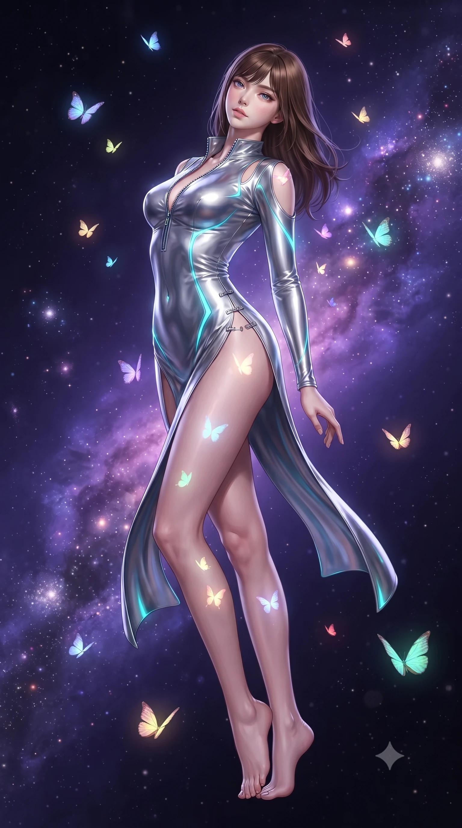 score_9, masterpiece, best quality, ultra-detailed, high-budget anime keyframe, editorial fashion photography, tasteful artistic composition, Korean woman. low angle full-body shot from head to toe showing her feet, filling the entire 9:16 vertical frame with her statuesque presence, stretching her vertical silhouette. arching her back in a fluid zero-gravity turn with sovereign grace, her long slender legs and sculpted torso creating a sweeping line while arching her back gracefully in a sea of violet nebula gas while luminous butterflies illuminate her skin. The composition keeps background elements in soft focus with creamy bokeh. stardust rings and distant celestial clusters softened in smooth ethereal depth of field. She has an absolutely perfect, statuesque 8.5-heads proportion, an exceptionally tall and slender model-like female figure with impossibly long slender legs and an ultra-slim waist. sharp v-shaped jawline, high-bridge nose, intricate jewel-like eyes with depth, thick eyelashes, glossy lips with a natural sheen, flawlessly proportioned anatomical accuracy, natural body alignment, perfectly sculpted elegant limbs, clean dynamic posture without body distortion. wearing a form-fitting top made of molten liquid-mercury fabric that clings to her curves, with strategic tear-drop shoulder cutouts and a dangerously unzipped front collar in liquid mercury silver and glowing electric cyan, made of liquid metal jersey that clings flawlessly to every contour of her build, finished with an ultra-high side slit secured by miniature magnetic clasps, the form-contouring second-skin material highlighting her ultra-slim waist and long lines. illuminated by sharp white front key lights and glowing cosmic rim highlights. ultra-reflective glossy finish, specular highlights, metallic sheen, high-contrast stereoscopic depth, volumetric dynamic lighting, 2k, ultra detail, master piece, 9:16 ratio