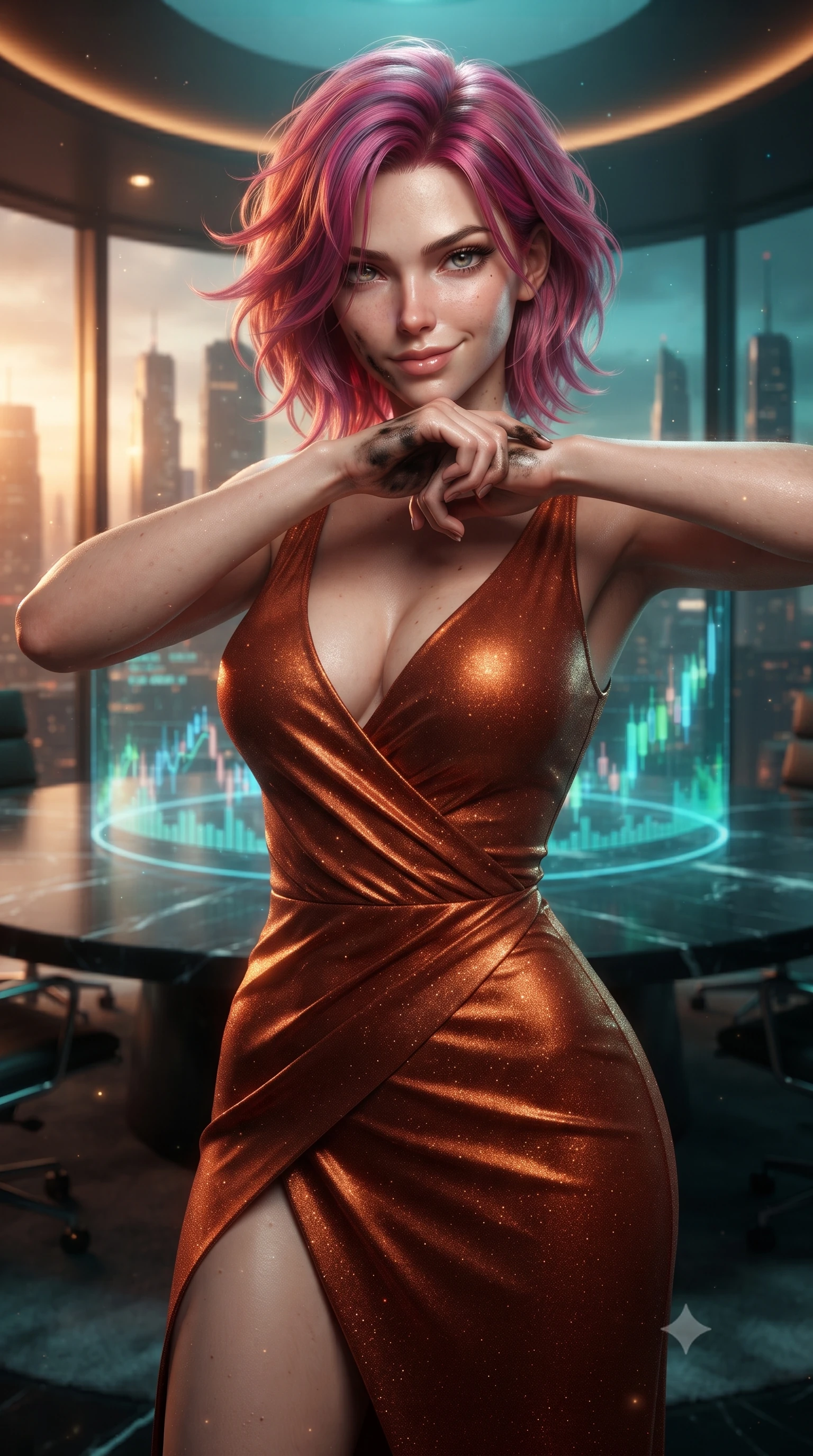 score_9, masterpiece, best quality, ultra-detailed, high-budget anime keyframe, editorial fashion photography, tasteful artistic composition, realistic cosplay photography, Caucasian woman, strictly human ears. close-up cowboy shot from the waist and thighs up, the character dominates the composition, filling the frame with her large presence, background elements kept in soft focus. Defiantly wiping oil and stardust from her jawline with a confident, victorious smirk. set against a soft-focus background of a high-altitude boardroom with a giant round black marble table, holographic stock charts floating in the center. She has an exceptionally elegant and slender, willowy female figure with an ultra-slim waist, a gracefully sculpted slender torso, and a refined slim physique. sharp v-shaped jawline, high-bridge nose, intricate jewel-like eyes with depth, thick eyelashes, glossy lips with a natural sheen. wearing catching and diffusing the glowing particles, shimmering softly in response to the surrounding light, a form-contouring asymmetric wrap-front dress in burnt orange, featuring a deep neckline and a thigh slit. warm amber rim lighting combined with cool teal fill light creating dramatic contrast. ultra-reflective glossy finish, specular highlights, metallic sheen, high-contrast stereoscopic depth, volumetric dynamic lighting, 2k, ultra detail, master piece, 9:16 ratio