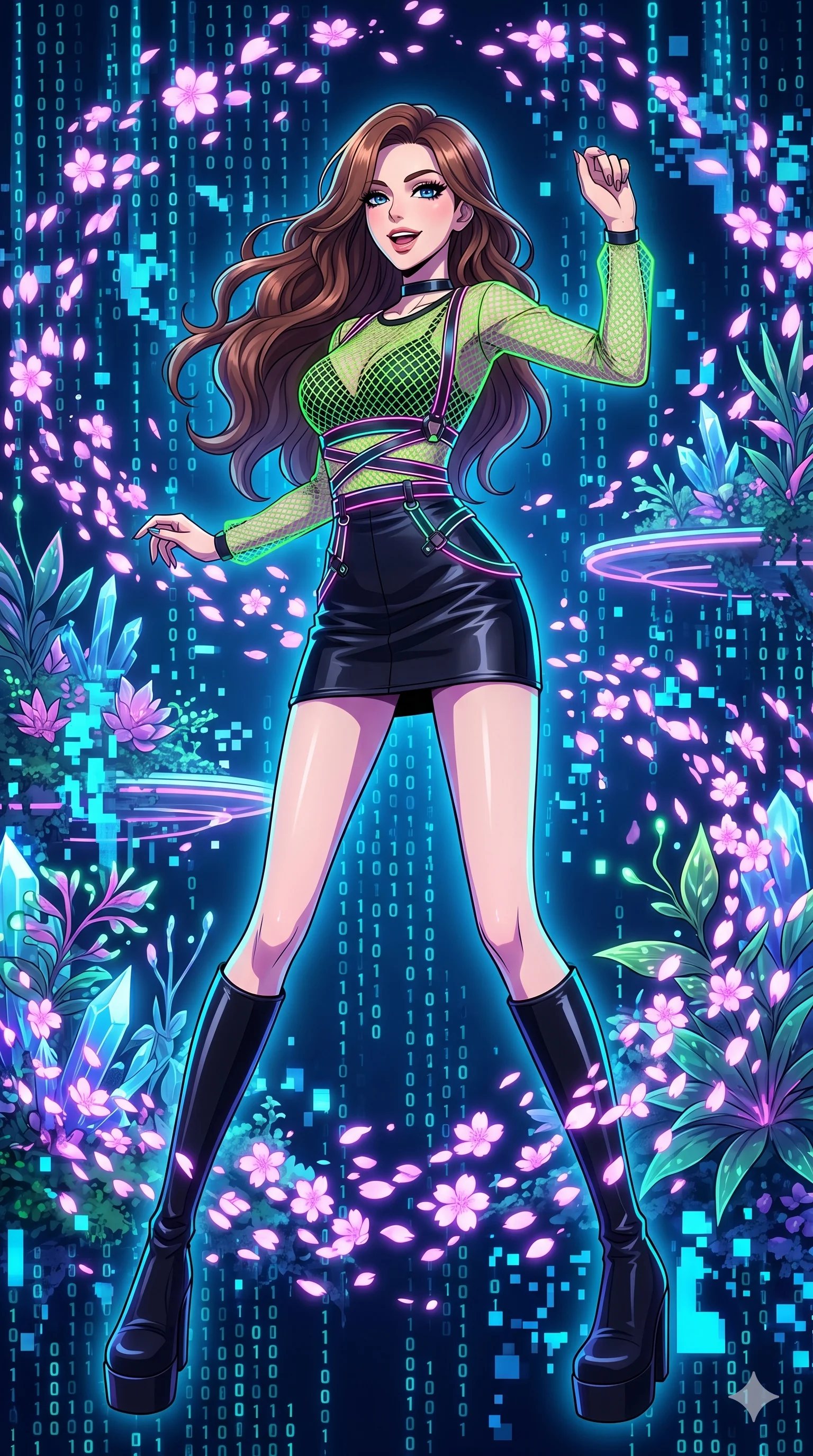 score_9, masterpiece, best quality, ultra-detailed, Set A: High-budget Anime Keyframe, Caucasian (strictly human ears) woman. Upper body close-up from the thighs up, character filling the screen for maximum presence. Dancing through a floating botanical garden, while a digital blizzard of 19 bits obscures the horizon and surrounded by digital sakura petals. She has an absolutely perfect 8-heads proportion, an exceptionally tall and slender female figure with impossibly long slender legs and an ultra-slim waist. Sharp v-shaped jawline, high-bridge nose, intricate jewel-like eyes with depth, thick eyelashes, glossy lips with a natural sheen. Wearing Fluorescent mesh top with a leather mini-skirt and neon-lit harness details. Cinematic lighting, vibrant colors, dramatic shadows, 2k, ultra detail, master piece, 9:16 ratio