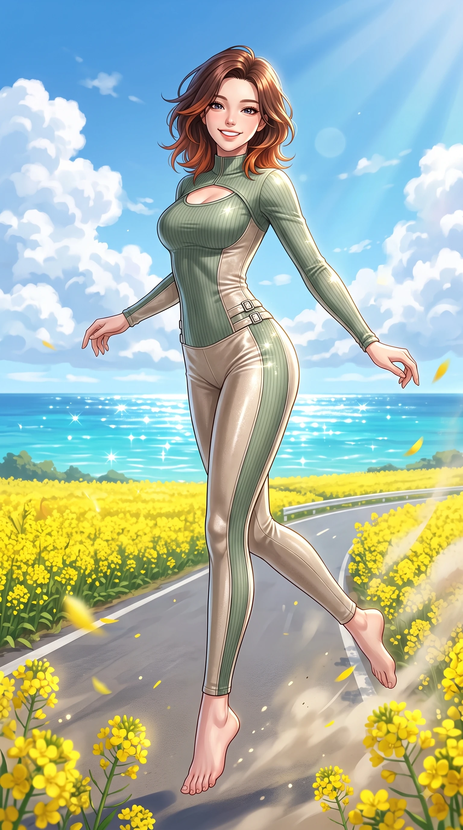score_9, masterpiece, best quality, ultra-detailed, high-budget anime keyframe, editorial fashion photography, tasteful artistic composition, Korean woman. low angle full-body shot from head to toe showing her feet, filling the entire 9:16 vertical frame with her statuesque presence, stretching her vertical silhouette. performing a cheerful mid-air rotation with flawless poise, her radiant smile capturing fresh college girlhood energy while walking cheerfully along a Jeju island coastal road flanked by yellow canola flower fields, clear blue sky with soft white fluffy cumulus clouds adding vacation joy. She has an absolutely perfect, statuesque 8.5-heads proportion, an exceptionally tall and slender model-like female figure with impossibly long slender legs and an ultra-slim waist. sharp v-shaped jawline, high-bridge nose, intricate jewel-like eyes with depth, thick eyelashes, glossy lips with a natural sheen, flawlessly proportioned anatomical accuracy, natural body alignment, perfectly sculpted elegant limbs, clean dynamic posture without body distortion. wearing a form-fitting ribbed activewear set with elegant collar cutouts in sage green and oatmeal, made of premium stretch velvet with a rich sheen, detailed with polished silver buckles along the waistline, the glove-like fit emphasizing her statuesque silhouette during motion. bathed in bright sunny tropical sunbeams and sparkling turquoise sea refractions. highly saturated vibrant anime colors, detailed shading with soft gradients, rich glossy textures, high-contrast stereoscopic depth, volumetric dynamic lighting, master piece, 9:16 ratio
