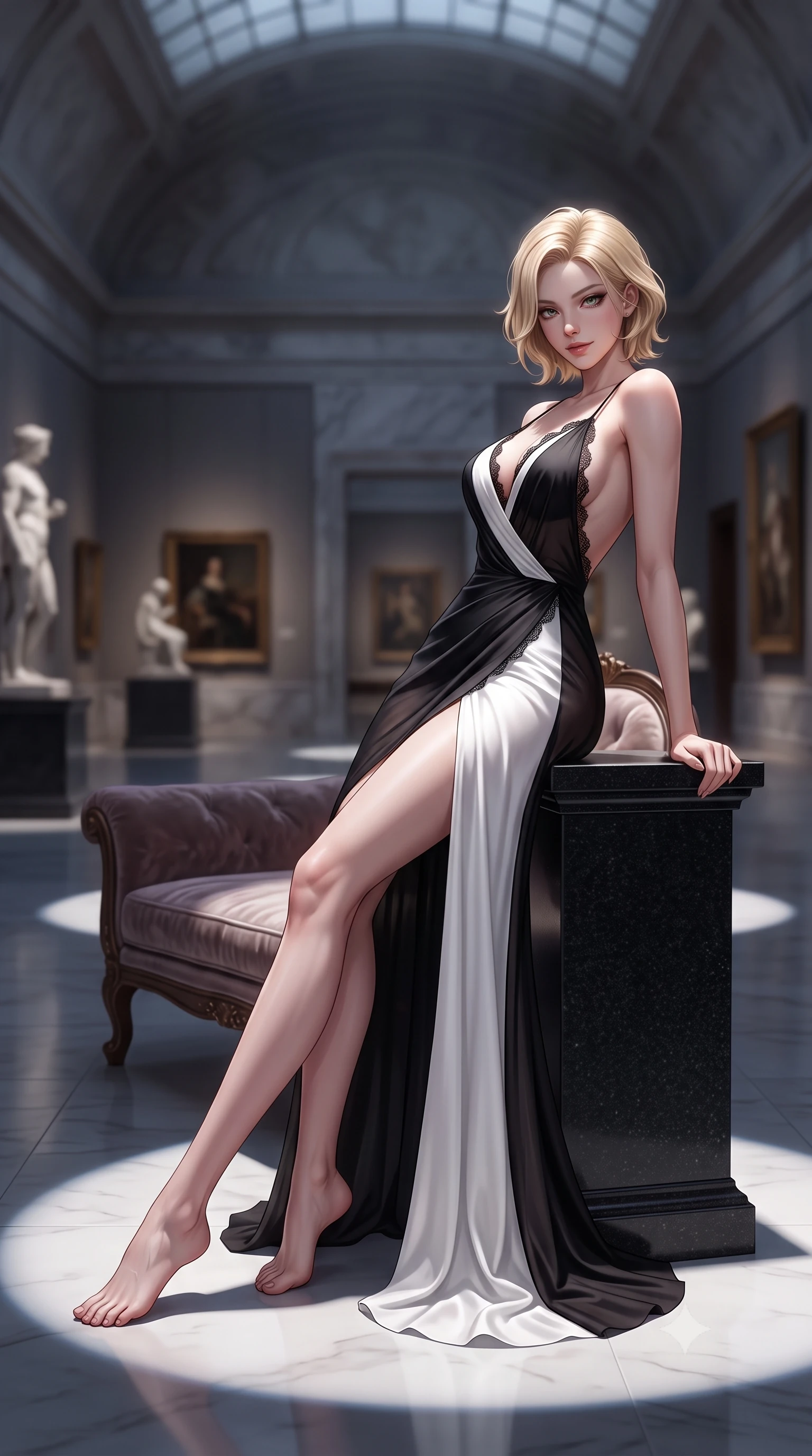 score_9, masterpiece, best quality, ultra-detailed, high-budget anime keyframe, semi-realistic 3D game render, editorial fashion photography, tasteful artistic composition, Caucasian woman. low angle full-body shot from head to toe showing her feet, filling the entire 9:16 vertical frame with her statuesque presence, stretching her vertical silhouette. reclining gracefully across the plush chaise lounge with one leg extended, her sculpted silhouette and flat midriff radiating magnetic nocturnal glamour while leaning against a honed granite pedestal with hips cocked back, looking over a bare shoulder with an intoxicating bedroom-gaze. The background shows a soft-focus high ceiling space softened in cavernous museum shallow focus. She has an absolutely perfect, statuesque 8.5-heads proportion, an exceptionally tall and slender model-like female figure with impossibly long slender legs, an ultra-slim waist, a flat toned midriff, narrow delicate ribcage, and beautifully sculpted feminine hips creating a graceful, slim hourglass silhouette without any bulky heaviness. sharp v-shaped jawline, high-bridge nose, sparkling eyes with hypnotic seductive depth, thick curled eyelashes, glossy parted lips with a natural dewy peach sheen, alluring bedroom-eyes with an enchanting coquettish smile, exuding magnetic siren charisma and sophisticated glamour, flawlessly proportioned anatomical accuracy, strict slender model proportions, natural body alignment, perfectly sculpted long slender limbs, ultra-slim waistline, clean dynamic posture without body distortion. wearing a deep V-neck sheer gossamer chiffon vampire dress with an open-back scoop and dramatic flowing side leg slit in high-contrast minimalist monochrome black and pure alabaster white, crafted from fluid liquid silk satin that clings smoothly to every curve with a dewy sheen, finished with scalloped eyelash lace trim framing her sweetheart neckline with intimate elegance, the high-slit wrap tailoring accentuating her ultra-slim waistline and the enchanting curve of her feminine hips with alluring seductive charm. bathed in dramatic spotlighting casting crisp geometric pooling circles of white light on the floor. highly saturated vibrant anime colors, detailed shading with soft gradients, rich glossy textures, high-contrast stereoscopic depth, volumetric dynamic lighting, master piece, 9:16 ratio