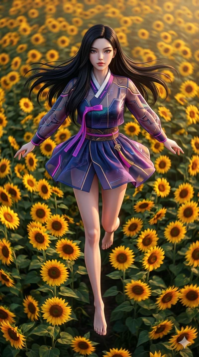 score_9, masterpiece, best quality, ultra-detailed, photorealistic 8k CG, hyper-detailed textures, ray-tracing, Japanese woman. Extreme high angle shot as she leaps towards the camera, filling the frame. spinning in a field of sunflowers that all swa