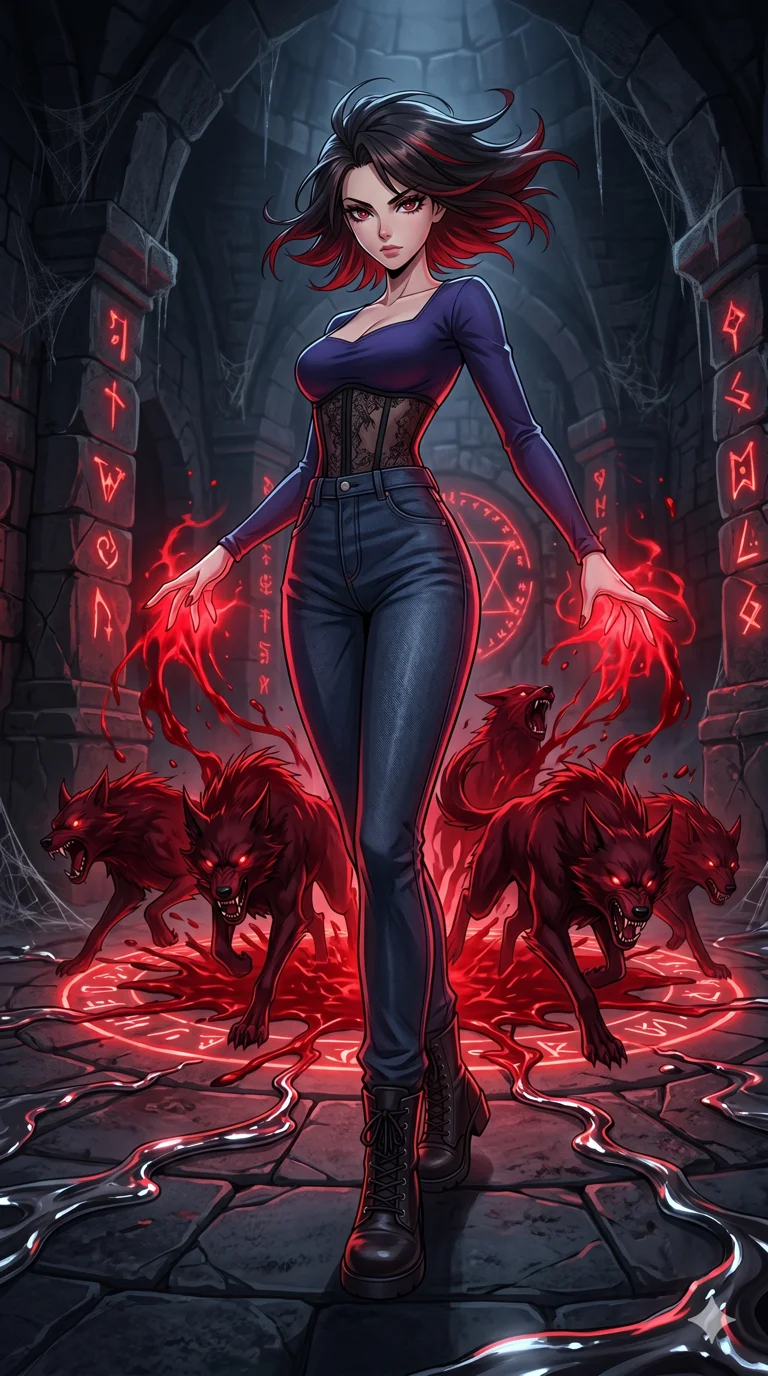 score_9, masterpiece, best quality, ultra-detailed, High-budget Anime Keyframe, beautiful Caucasian anime girl (strictly human ears). Low angle cowboy shot filling the entire 9:16 frame with her statuesque presence. Transmuting a pool of blood into a pack of snarling, crimson beasts that charge forward. She has an absolutely perfect 8-heads proportion, an exceptionally tall and slender female figure with impossibly long slender legs and an ultra-slim waist. Sharp v-shaped jawline, high-bridge nose, intricate jewel-like eyes with depth, thick eyelashes, glossy lips with a natural sheen. Wearing an Urban Trendsetter outfit: deep-cut indigo bodycon dress with high-waist denim and a sheer corset. Background is a dark stone ritual chamber with glowing red symbols and liquid metal accents. 2k, ultra detail, master piece, 9:16 ratio