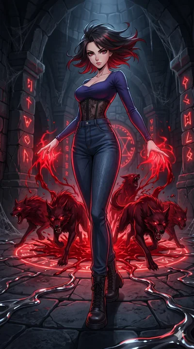 score_9, masterpiece, best quality, ultra-detailed, High-budget Anime Keyframe, beautiful Caucasian anime girl (strictly human ears). Low angle cowboy shot filling the entire 9:16 frame with her statuesque presence. Transmuting a pool of blood into a