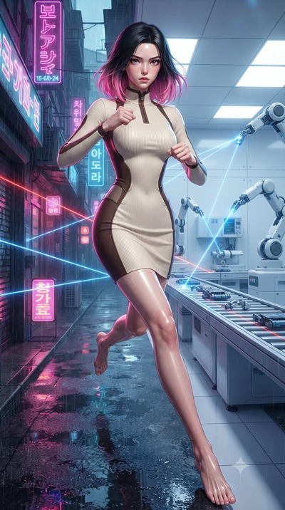 score_9, masterpiece, best quality, ultra-detailed, high-budget anime keyframe, editorial fashion photography, tasteful artistic composition, realistic cosplay photography, Korean woman. low angle full-body shot from head to toe showing her feet, fil