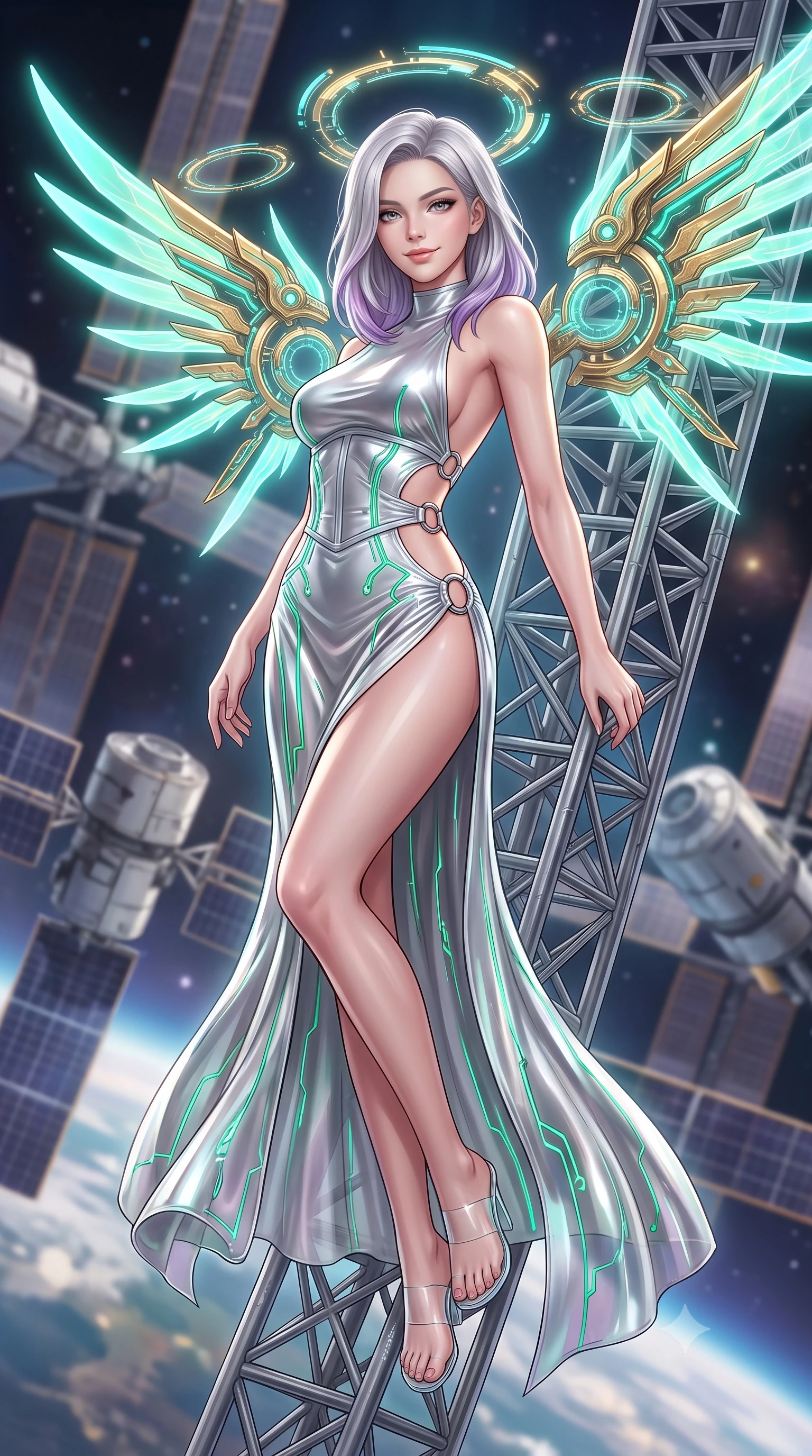 score_9, masterpiece, best quality, ultra-detailed, high-budget anime keyframe, semi-realistic 3D game render, editorial fashion photography, tasteful artistic composition, Caucasian woman. low angle full-body shot from head to toe showing her feet, filling the entire 9:16 vertical frame with her statuesque presence, stretching her vertical silhouette. arching her back gracefully in mid-air as glowing mechanical wings and floating cybernetic halos frame her statuesque presence while leaning against a structural titanium truss with a confident, celestial smile looking directly into the lens. The composition keeps background elements in soft focus with creamy bokeh. orbital solar array trusses and satellite modules softened in smooth cosmic atmospheric focus. She has an absolutely perfect, statuesque 8.5-heads proportion, an exceptionally tall and slender model-like female figure with impossibly long slender legs, a toned flat midriff, and an ultra-slim waist. sharp v-shaped jawline, high-bridge nose, intricate jewel-like eyes with depth, thick eyelashes, glossy lips with a natural sheen, flawlessly proportioned anatomical accuracy, strict slender model proportions, natural body alignment, perfectly sculpted long slender limbs, ultra-slim waistline, clean dynamic posture without body distortion. wearing a backless molten silver liquid-metal gown with a high-cut side slit and precision-fitted waist boning in radiant emerald green circuit lines and polished silver sheen, crafted from delicate iridescent organza interwoven with luminescent micro-fibers, detailed with polished silver rings connecting the daring side-waist cutouts, the liquid-tight tailored fabric emphasizing every curve of her tall, slender model proportions and sculptured silhouette during dynamic movement. surrounded by an awe-inspiring, supreme, and radiantly divine cosmic sovereign aura. rich saturated anime colors with glowing neon highlights, detailed shading with soft gradients, rich glossy textures, high-contrast stereoscopic depth, volumetric dynamic lighting, master piece, 9:16 ratio