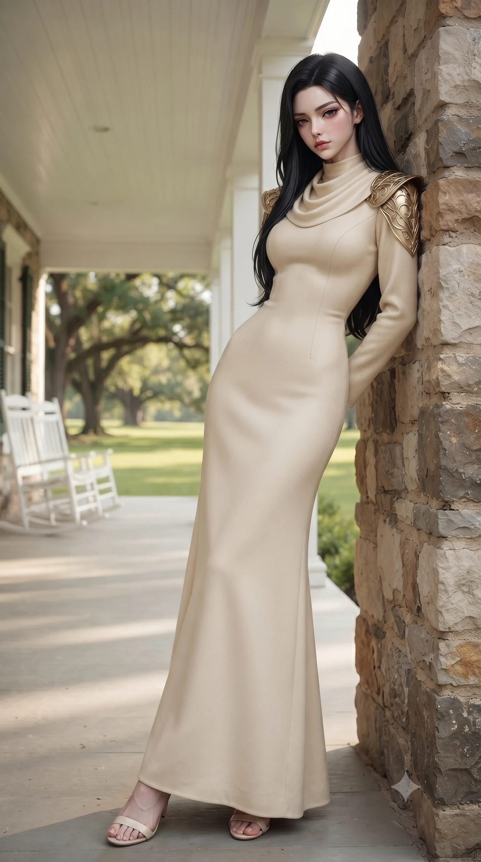 score_9, masterpiece, best quality, ultra-detailed, high-budget anime keyframe, editorial fashion photography, tasteful artistic composition, Korean woman woman. low angle full-body shot from head to toe showing her feet, filling the entire 9:16 vertical frame with her statuesque presence, stretching her vertical silhouette. leaning back against a rustic stone wall, casting a slow, alluring gaze at the camera the background shows a soft-focus a wide white veranda with rocking chairs, overlooking a large green lawn with oak trees. She has an absolutely perfect, statuesque 8.5-heads proportion, an exceptionally tall and slender model-like female figure with impossibly long slender legs and an ultra-slim waist. sharp v-shaped jawline, high-bridge nose, intricate jewel-like eyes with depth, thick eyelashes, glossy lips with a natural sheen. wearing a tailored elegant galactic senate gown in cream cashmere, featuring structured metallic gold shoulder guards and a high-neck drape. soft late afternoon sunbeams casting a nostalgic, peaceful glow. ultra-reflective glossy finish, specular highlights, metallic sheen, high-contrast stereoscopic depth, volumetric dynamic lighting, 2k, ultra detail, master piece, 9:16 ratio