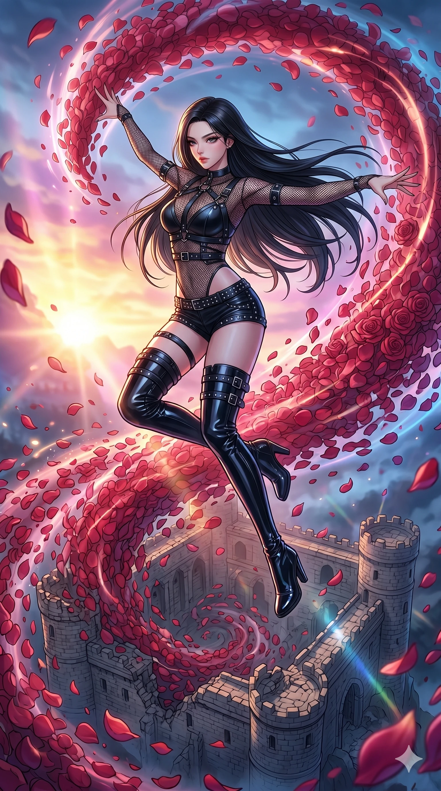 score_9, masterpiece, best quality, ultra-detailed, high-budget anime movie keyframe, cinematic anime lighting, intricate line art, Korean anime girl. Mid-air action shot capturing a graceful twist and vertical silhouette. commanding a tidal wave of rose petals to overwhelm a fortress. She has an absolutely perfect 8-heads proportion, an exceptionally tall and slender female figure with an ultra-slim waist and impossibly long slender legs. strictly human anatomy, two legs only, no extra limbs, clearly defined legs and arms, perfect anatomy, perfect hands and fingers. sharp v-shaped jawline, high-bridge nose, intricate jewel-like eyes, thick eyelashes, glossy lips. Wearing K-Idol Stage: Leather harness over mesh, high-cut bodysuit, studded micro-shorts, and thigh-high patent boots. The scene is illuminated by dramatic atmospheric lighting and vibrant color palettes. , 2k, ultra detail, master piece, 9:16 ratio