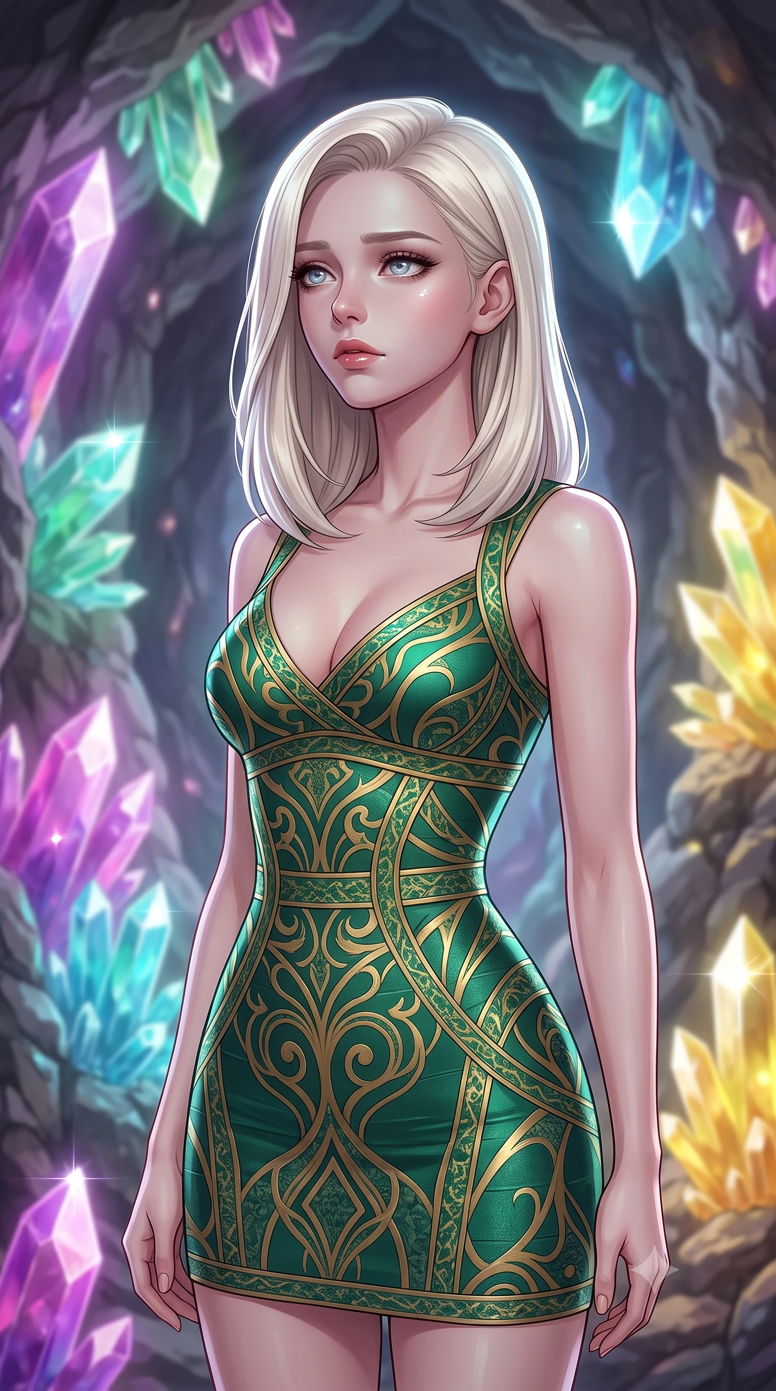score_9, masterpiece, best quality, ultra-detailed, high-budget anime keyframe, editorial fashion photography, tasteful artistic composition, Caucasian woman, strictly human ears. close-up cowboy shot from the waist and thighs up, the character dominates the composition, filling the frame with her large presence, background elements kept in soft focus. Gazing into the distance with a wistful melancholic expression and softly glowing eyes. set against a soft-focus background of deep inside a hollowed-out asteroid whose rough stone walls are lined with enormous crystal formations in every imaginable color from deep violet amethyst to electric blue aquamarine to warm citrine gold. She has an exceptionally elegant and slender, willowy female figure with an ultra-slim waist, a gracefully sculpted slender torso, and a refined slim physique. sharp v-shaped jawline, high-bridge nose, intricate jewel-like eyes with depth, thick eyelashes, glossy lips with a natural sheen. wearing a precision-cut bandage dress in a striking emerald and gold pattern, contouring and highlighting her slender hourglass waist. the crystals themselves emit soft inner glow in their respective colors creating a rainbow cave of ambient illumination with sharp specular highlights on crystal facets. 2k, ultra detail, master piece, 9:16 ratio