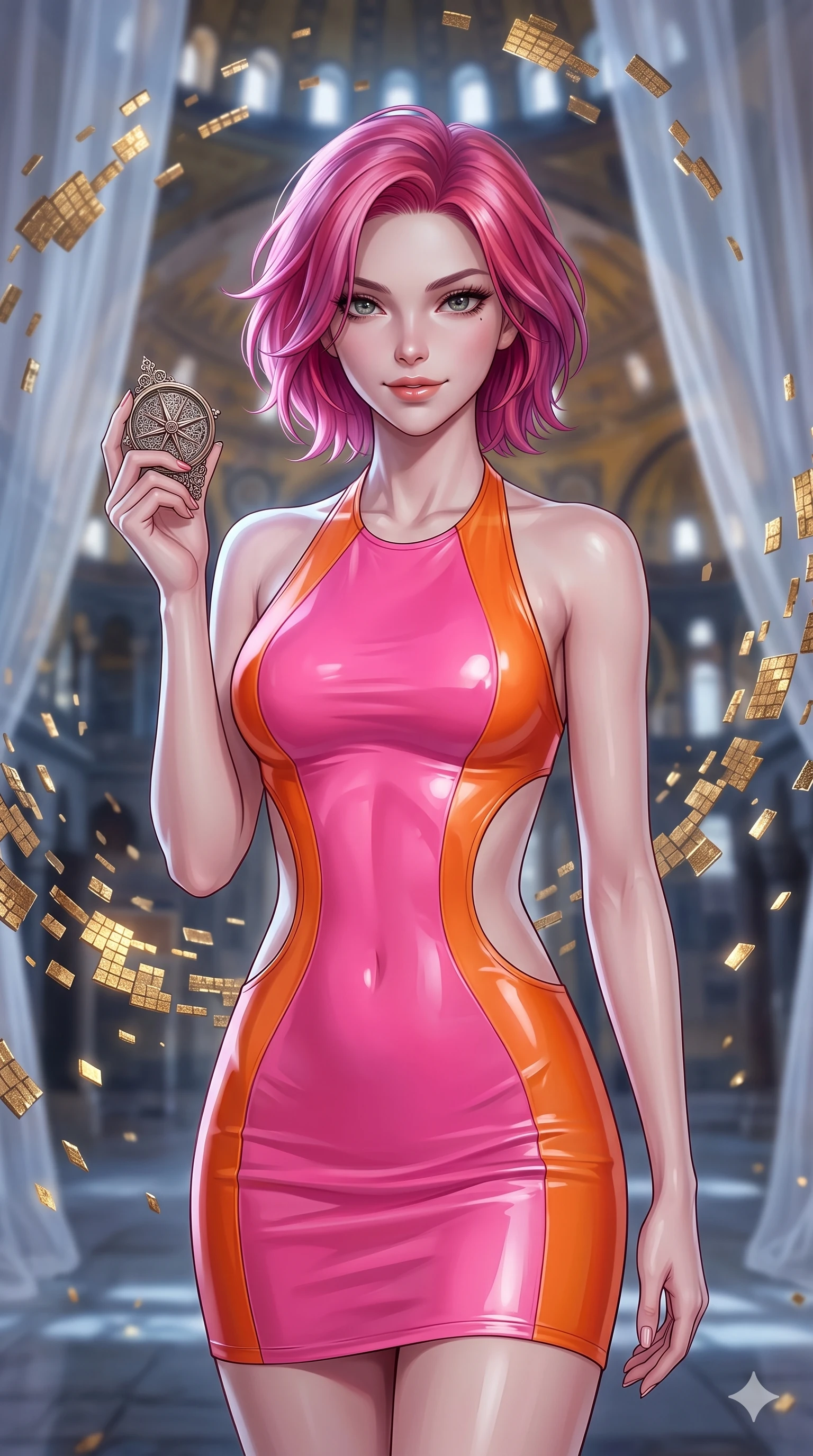 score_9, masterpiece, best quality, ultra-detailed, high-budget anime keyframe, editorial fashion photography, tasteful artistic composition, Caucasian woman, strictly human ears. close-up cowboy shot from the waist and thighs up, the character dominates the composition, filling the frame with her large presence, background elements kept in soft focus. Holding a delicate object up near her face while gazing at the viewer with a knowing smile. set against a soft-focus background of a grand Byzantine hall where millions of golden mosaic tiles detach from the walls and ceiling to float and rearrange themselves into new sacred patterns mid-air shimmering with metallic luster. She has an exceptionally elegant and slender, willowy female figure with an ultra-slim waist, a gracefully sculpted slender torso, and a refined slim physique. sharp v-shaped jawline, high-bridge nose, intricate jewel-like eyes with depth, thick eyelashes, glossy lips with a natural sheen. wearing a latex-effect bodycon dress in a vibrant pink and orange color-block, featuring dramatic side torso cutouts and a halter neckline. cold silver moonlight filtered through translucent gossamer curtains casting delicate shadows. 2k, ultra detail, master piece, 9:16 ratio