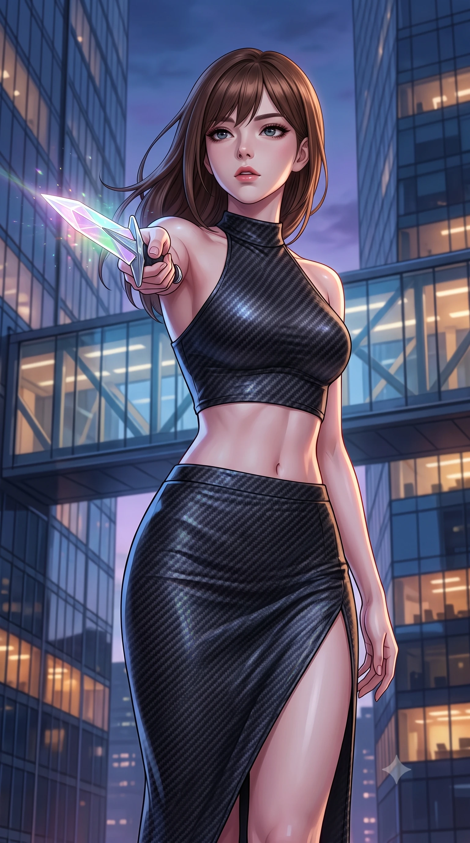 score_9, masterpiece, best quality, ultra-detailed, high-budget anime keyframe, editorial fashion photography, tasteful artistic composition, Korean woman. close-up cowboy shot from the waist and thighs up, the character dominates the composition, filling the frame with her large presence, background elements kept in soft focus. pointing a crystal-edged laser dagger forward in a defensive stance, tilting her chin up slightly with lips parted in a composed pose, the background shows a soft-focus a futuristic skybridge connecting two massive glass skyscrapers at dusk. She has an exceptionally elegant, slender, and willowy female figure with an ultra-slim waist, a gracefully sculpted slender torso, and a refined silhouette. sharp v-shaped jawline, high-bridge nose, intricate jewel-like eyes with depth, thick eyelashes, glossy lips with a natural sheen. wearing a slim-fit carbon-fiber halter-neck crop top paired with a matching high-slit midi skirt, revealing her slim waist. cool twilight key light contrasting with the warm amber glow of internal office windows. highly saturated vibrant anime colors, detailed shading with soft gradients, rich glossy textures, high-contrast stereoscopic depth, volumetric dynamic lighting, master piece, 9:16 ratio