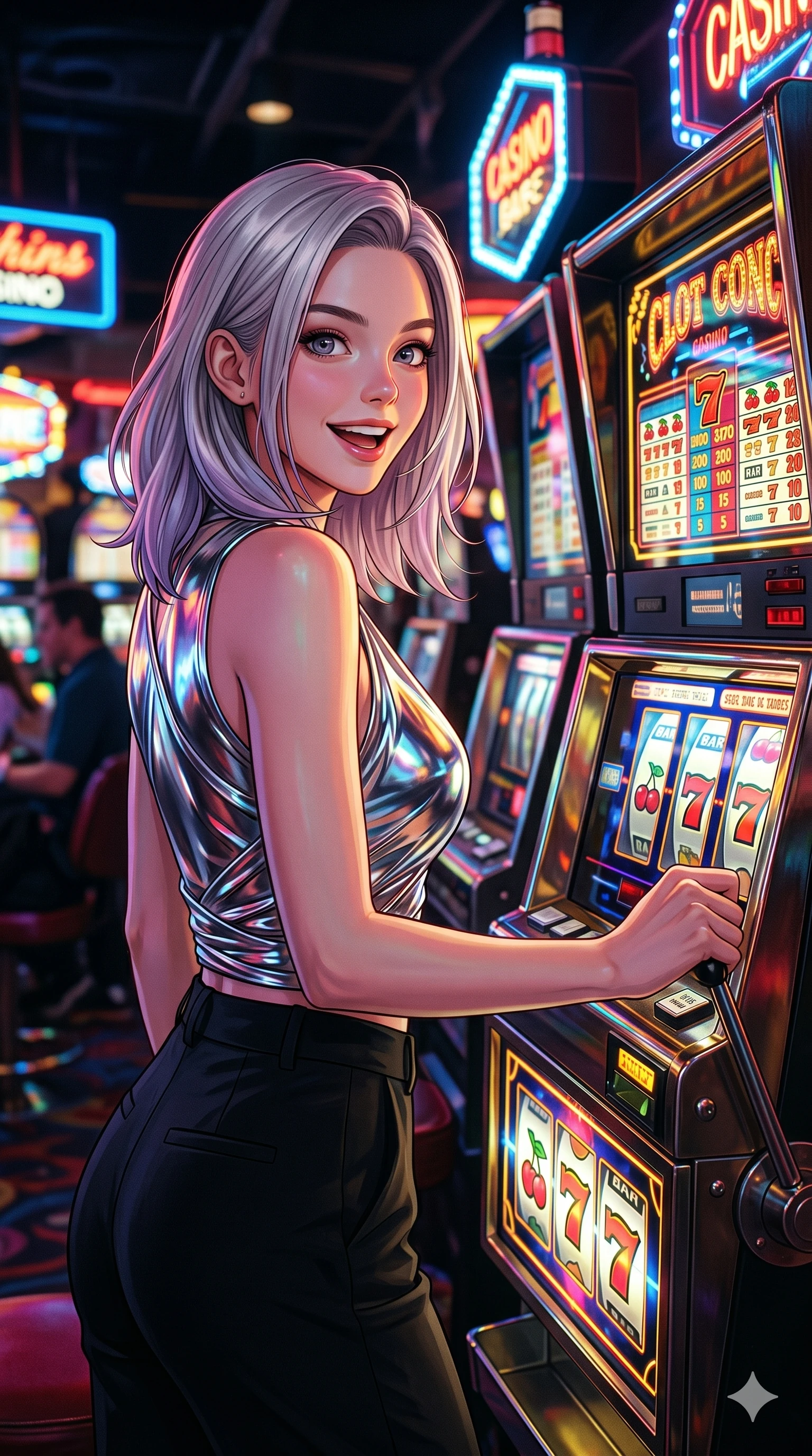 score_9, masterpiece, best quality, ultra-detailed, high-budget anime keyframe, editorial fashion photography, tasteful artistic composition, Caucasian woman, strictly human ears. Upper body close-up from the thighs up, character filling the screen for maximum presence. Standing next to a retro slot machine in a neon casino, pulling the lever, looking back with a excited, happy expression. She is wearing an asymmetrical wrap top in liquid-chrome finish and high-waisted pants. The scene is drenched in flashing gold and red neon lights from the slot machine. 2k, ultra detail, master piece, 9:16 ratio