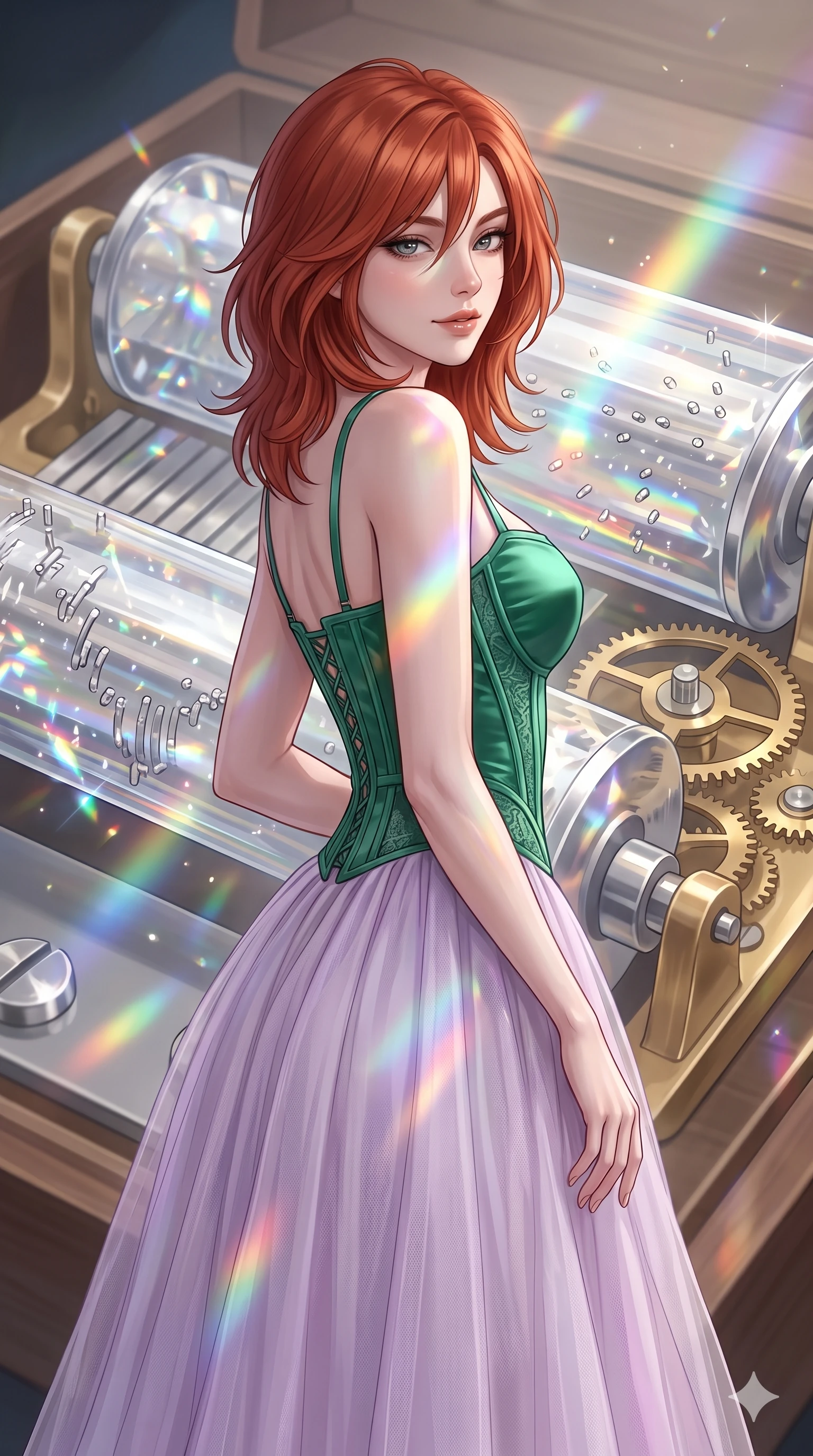 score_9, masterpiece, best quality, ultra-detailed, high-budget anime keyframe, editorial fashion photography, tasteful artistic composition, Korean woman. close-up cowboy shot from the waist and thighs up, the character dominates the composition, filling the frame with her large presence, background elements kept in soft focus. Glancing sidelong over her shoulder with a smoldering half-smile. set against a soft-focus background of inside a giant music box mechanism with rotating crystal cylinders silver pins plucking ethereal melodies and delicate clockwork gears of polished brass turning in perfect synchronization. She has an exceptionally elegant and slender, willowy female figure with an ultra-slim waist, a gracefully sculpted slender torso, and a refined slim physique. sharp v-shaped jawline, high-bridge nose, intricate jewel-like eyes with depth, thick eyelashes, glossy lips with a natural sheen. wearing a corset-topped gown with visible structured boning in emerald green satin, paired with a floor-length sheer tulle skirt in pastel lavender. sparkling prismatic light refracting through the rotating crystal cylinders casting rainbow patterns that sweep across the space in rhythm with the melody. 2k, ultra detail, master piece, 9:16 ratio