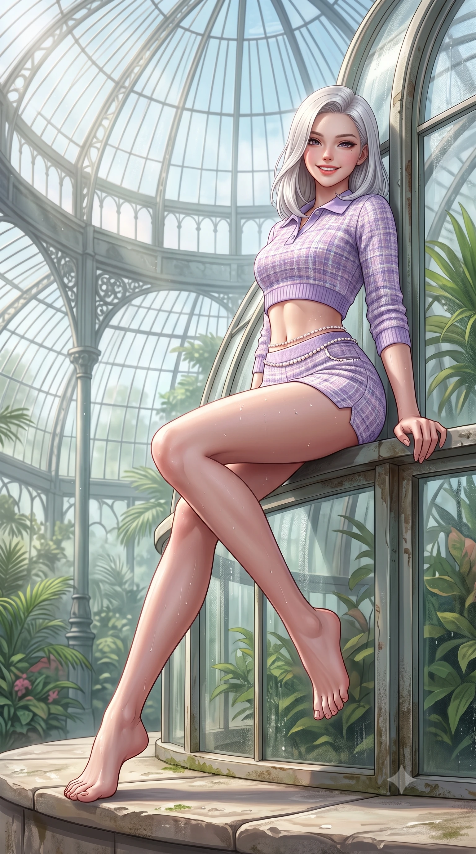 score_9, masterpiece, best quality, ultra-detailed, high-budget anime keyframe, semi-realistic 3D game render, editorial fashion photography, tasteful artistic composition, Caucasian woman. low angle full-body shot from head to toe showing her feet, filling the entire 9:16 vertical frame with her statuesque presence, stretching her vertical silhouette. sitting perched on the elevated edge with legs crossed and hips angled toward the camera, displaying her toned midriff and long slender limbs with a joyful, coquettish smile while leaning against a curved structural glasshouse pillar with hips cocked back, casting an enchanting, sultry bedroom-gaze through tropical mist. The surrounding environment is rendered in vivid detail and crisp panoramic clarity. detailed dress weave, moisture beads on skin, and Victorian glasshouse architecture in high clarity. She has an exceptionally tall and slender model-like 8.5-heads proportion, an ultra-slim waist, a flat toned midriff, narrow delicate ribcage, and beautifully sculpted feminine hips creating a graceful, slim hourglass silhouette without any bulky heaviness, with impossibly long slender legs. sharp v-shaped jawline, high-bridge nose, intricate jewel-like sparkling eyes with depth, thick eyelashes, glossy parted lips with a natural peach sheen, bright cheerful beaming smile with an enchanting and coquettish sensual glint, exuding both youthful cute charm and seductive allure, flawlessly proportioned anatomical accuracy, strict slender model proportions, natural body alignment, perfectly sculpted long slender limbs, ultra-slim waistline, clean dynamic posture without body distortion. wearing a cropped knitted polo sweater paired with high-cut tailored tennis shorts hugging her rounded hips in delicate lavender violet and pearlescent white, tailored from soft pastel tweed with subtle metallic shimmer, accented with a dainty pearl waist chain catching the ambient sunlight, the precision-cut side openings and low-back scoop framing her graceful spine and the sensual sweep of her slim, toned hips. bathed in fresh botanical sunbeams filtering through the soaring glass dome. highly saturated vibrant anime colors, detailed shading with soft gradients, rich glossy textures, high-contrast stereoscopic depth, volumetric dynamic lighting, master piece, 9:16 ratio