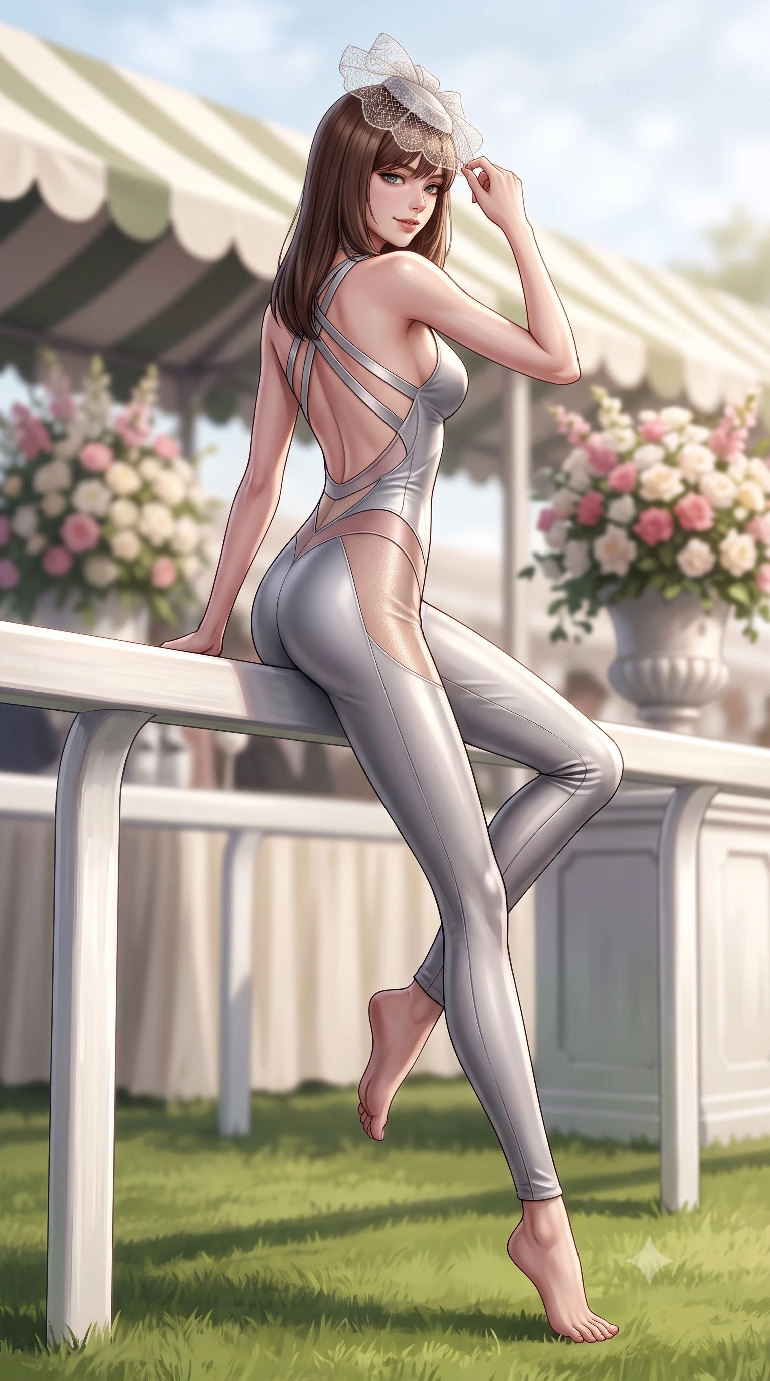 score_9, masterpiece, best quality, ultra-detailed, high-budget anime keyframe, semi-realistic 3D game render, editorial fashion photography, tasteful artistic composition, Korean woman. low angle full-body shot from head to toe showing her feet, filling the entire 9:16 vertical frame with her statuesque presence, stretching her vertical silhouette. sitting perched on the elevated edge with hips angled toward the camera and legs crossed, displaying her toned midriff and flawlessly sculpted slender limbs while leaning against the white-painted turf paddock railing with hips cocked back in a chic high-society stance, lowering her lace fascinator with an alluring smirk. The composition keeps background elements in soft focus with creamy bokeh. striped marquee canvas awnings and floral pavilion displays softened in bright glamorous shallow focus. She has an exceptionally tall and slender model-like 8.5-heads proportion, an ultra-slim waist, a flat toned midriff, narrow delicate ribcage, and beautifully sculpted feminine hips creating a graceful, slim hourglass silhouette without any bulky heaviness, with impossibly long slender legs. sharp v-shaped jawline, high-bridge nose, intricate jewel-like eyes with depth, thick eyelashes, glossy parted lips with a natural sheen, intensely captivating and seductive bedroom-eyes expression, flawlessly proportioned anatomical accuracy, strict slender model proportions, natural body alignment, perfectly sculpted long slender limbs, ultra-slim waistline, clean dynamic posture without body distortion. wearing a liquid-silver aerodynamic space-couture catsuit with an open scooped back and sheer contouring mesh hip panels in dusky blush rose and shimmering champagne shimmer, tailored from water-resistant treated wool gabardine and flexible stretch silk, finished with criss-cross back satin straps highlighting her graceful shoulder blades, the second-skin form-contouring cut accentuating her sculpted flat midriff, narrow delicate ribcage, and gracefully curvy hips with supermodel precision. illuminated by sharp specular highlights carving her sculpted collarbones, flat toned midriff, and rounded hips. highly saturated vibrant anime colors, detailed shading with soft gradients, rich glossy textures, high-contrast stereoscopic depth, volumetric dynamic lighting, master piece, 9:16 ratio
