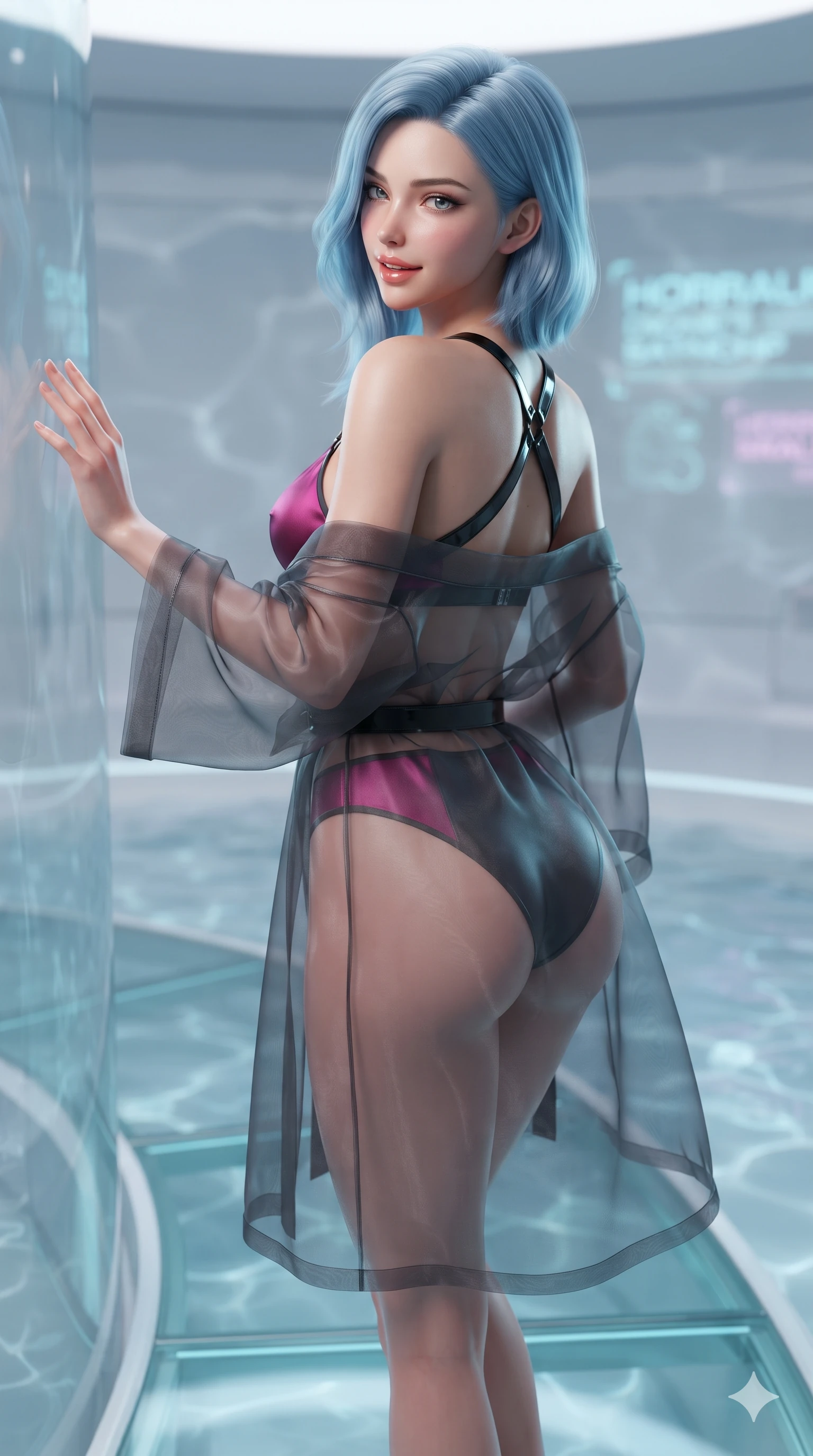 score_9, masterpiece, best quality, ultra-detailed, high-budget anime keyframe, editorial fashion photography, tasteful artistic composition, Korean woman. close-up cowboy shot from the waist and thighs up, the character dominates the composition, filling the frame with her large presence. posing in an alluring rear three-quarter angle, looking over a bare shoulder with parted glossy lips, her hips cocked back to highlight her slim hourglass curve while standing poised on the submerged glass platform, one hand resting on the transparent curved wall while arching her lower back to emphasize her curvy hips. The background shows a soft-focus digital water ripple effects and holographic signage softened in avant-garde sci-fi shallow focus. She has an exceptionally elegant, slender, and willowy female figure with an ultra-slim waist, flat toned midriff, narrow ribcage, and sculpted feminine hips creating an alluring, slim hourglass silhouette without bulk. sharp v-shaped jawline, high-bridge nose, sparkling eyes with hypnotic seductive depth, thick curled eyelashes, glossy parted lips with a natural dewy peach sheen, alluring bedroom-eyes with an enchanting coquettish smile, exuding magnetic siren charisma and sophisticated glamour, flawlessly proportioned anatomical accuracy, strict slender model proportions, natural body alignment, perfectly sculpted long slender limbs, ultra-slim waistline, clean dynamic posture without body distortion. wearing a sheer organza kimono robe worn loose and slipping off bare shoulders over a matching satin bralette and high-waisted briefs in cybernetic magenta and dark graphite black, tailored from structured matte duchess satin with clean architectural drape, featuring an open-back criss-cross harness strap in patent black leather, the bespoke structured tailoring following the natural line of her 8.5-heads silhouette with refined elegance. illuminated by polished floor reflections and sharp electric-cyan rim lights sculpting her razor-sharp jawline, narrow waist, and curvy hips. ultra-reflective glossy finish, specular highlights, rich textural contrasts, high-contrast stereoscopic depth, volumetric dynamic lighting, 2k, ultra detail, master piece, 9:16 ratio