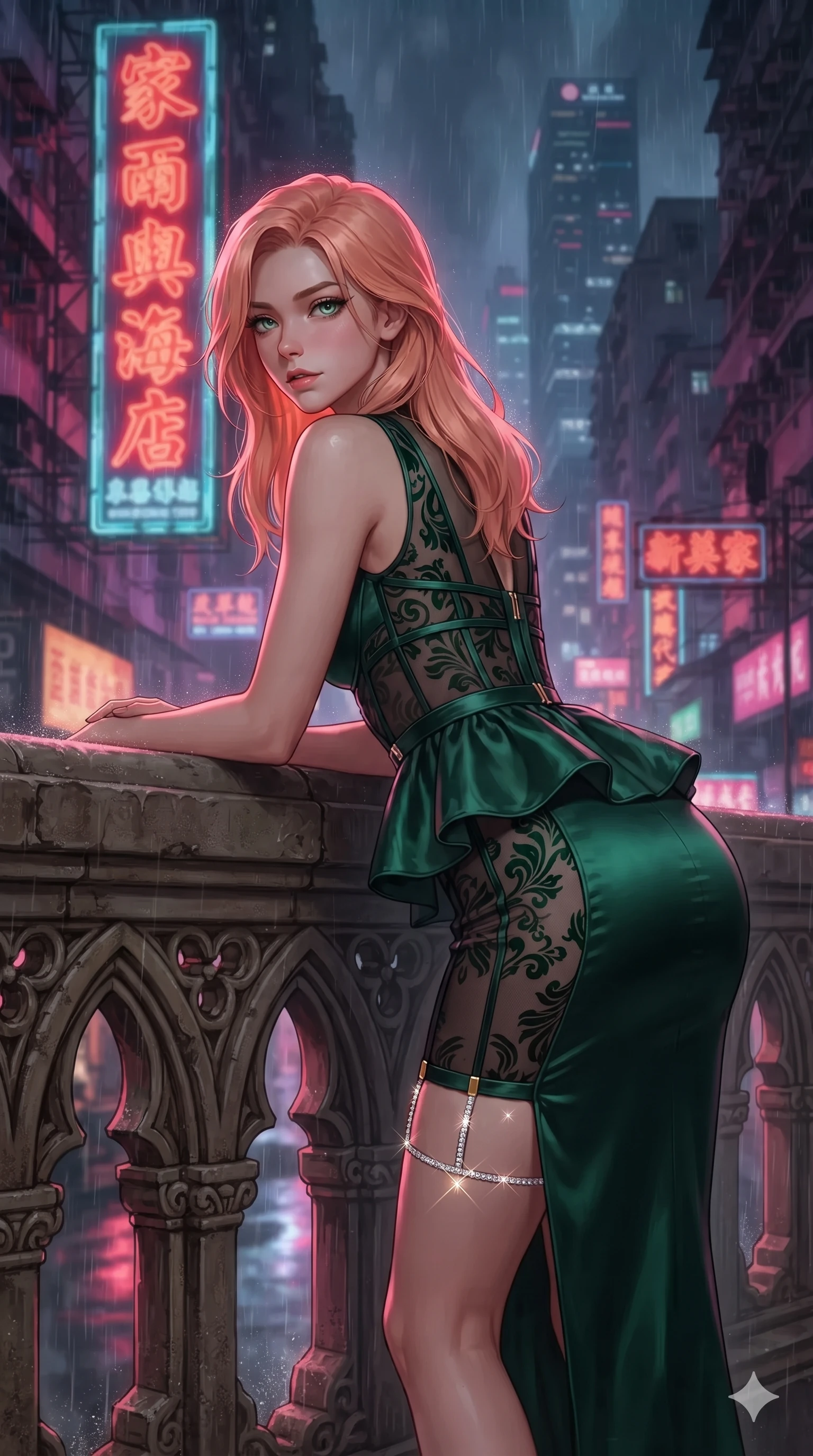 score_9, masterpiece, best quality, ultra-detailed, high-budget anime keyframe, editorial fashion photography, tasteful artistic composition, Japanese woman. close-up cowboy shot from the waist and thighs up, the character dominates the composition, filling the frame with her large presence. leaning forward over the carved stone gothic balustrade, looking back with sleepy seductive bedroom-eyes as water reflections dance across her silhouette while standing tall and poised against the granite river parapet, arching her lower back with sovereign supermodel grace as river mist catches the neon glow. The background shows a soft-focus colossal vertical neon Chinese character signs, illuminated skyscrapers, and dense flying rain mist blurred into scarlet, violet, and obsidian bokeh. She has an exceptionally elegant, slender, and willowy female figure with an ultra-slim waist, flat toned midriff, narrow ribcage, and sculpted feminine hips creating an alluring, slim hourglass silhouette without bulk. sharp v-shaped jawline, high-bridge nose, intricate jewel-like sparkling eyes with depth, thick eyelashes, glossy parted lips with a natural sheen, intensely captivating and seductive bedroom-eyes expression, exuding both youthful cute charm and sovereign luxury allure, flawlessly proportioned anatomical accuracy, strict slender model proportions, natural body alignment, perfectly sculpted long slender limbs, ultra-slim waistline, clean dynamic posture without body distortion. wearing a structural geometric peplum gown with sheer side-ribbon cutouts and form-fitting skirt in deep emerald green satin and gold hardware accents, made of sheer contouring power-mesh with velvet flocking patterns, finished with delicate crystal-encrusted thigh garter straps glinting in the dim light, the high-slit wrap tailoring accentuating her ultra-slim waistline and the enchanting curve of her feminine hips with alluring seductive charm. illuminated by rain puddle bounce and sharp scarlet-violet rim lights sculpting her razor-sharp jawline, narrow waist, and curvy hips. ultra-reflective glossy finish, specular highlights, rich textural contrasts, high-contrast stereoscopic depth, volumetric dynamic lighting, 2k, ultra detail, master piece, 9:16 ratio