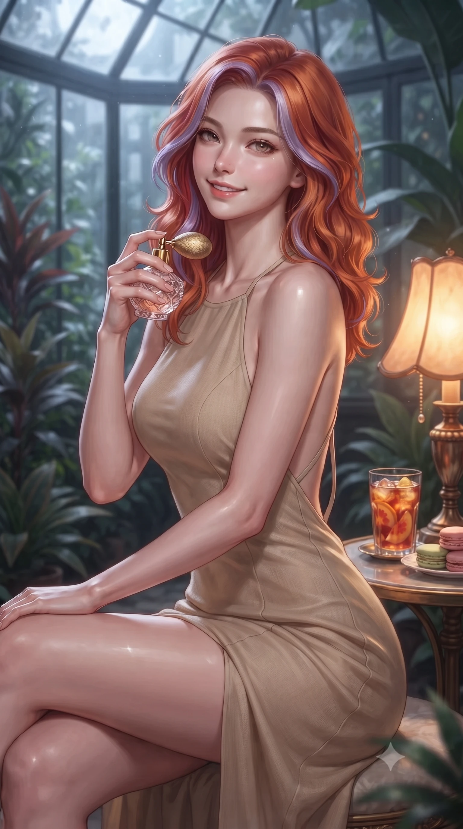 score_9, masterpiece, best quality, ultra-detailed, high-budget anime keyframe, editorial fashion photography, tasteful artistic composition, Caucasian woman. close-up cowboy shot from the waist and thighs up, the character dominates the composition, filling the frame with her large presence, background elements kept in soft focus. holding a vintage perfume bottle to her neck, smiling with quiet magnetic self-assurance set against a soft-focus background of inside an exclusive botanical greenhouse with a glass of iced fruit tea and delicate macaron pastries arranged on the table. She has an exceptionally elegant, slender, and willowy female figure with an ultra-slim waist, a gracefully sculpted slender torso, and a refined silhouette. sharp v-shaped jawline, high-bridge nose, intricate jewel-like eyes with depth, thick eyelashes, glossy lips with a natural sheen. wearing form-contouring warm beige semi-opaque chiffon backless linen halter dress featuring delicate straps and a draped open-back design featuring refined tailored seams. illuminated by soft silver moonlight contrasting with the warm amber glow of a nearby lamp. ultra-reflective glossy finish, specular highlights, metallic sheen, high-contrast stereoscopic depth, volumetric dynamic lighting, 2k, ultra detail, master piece, 9:16 ratio