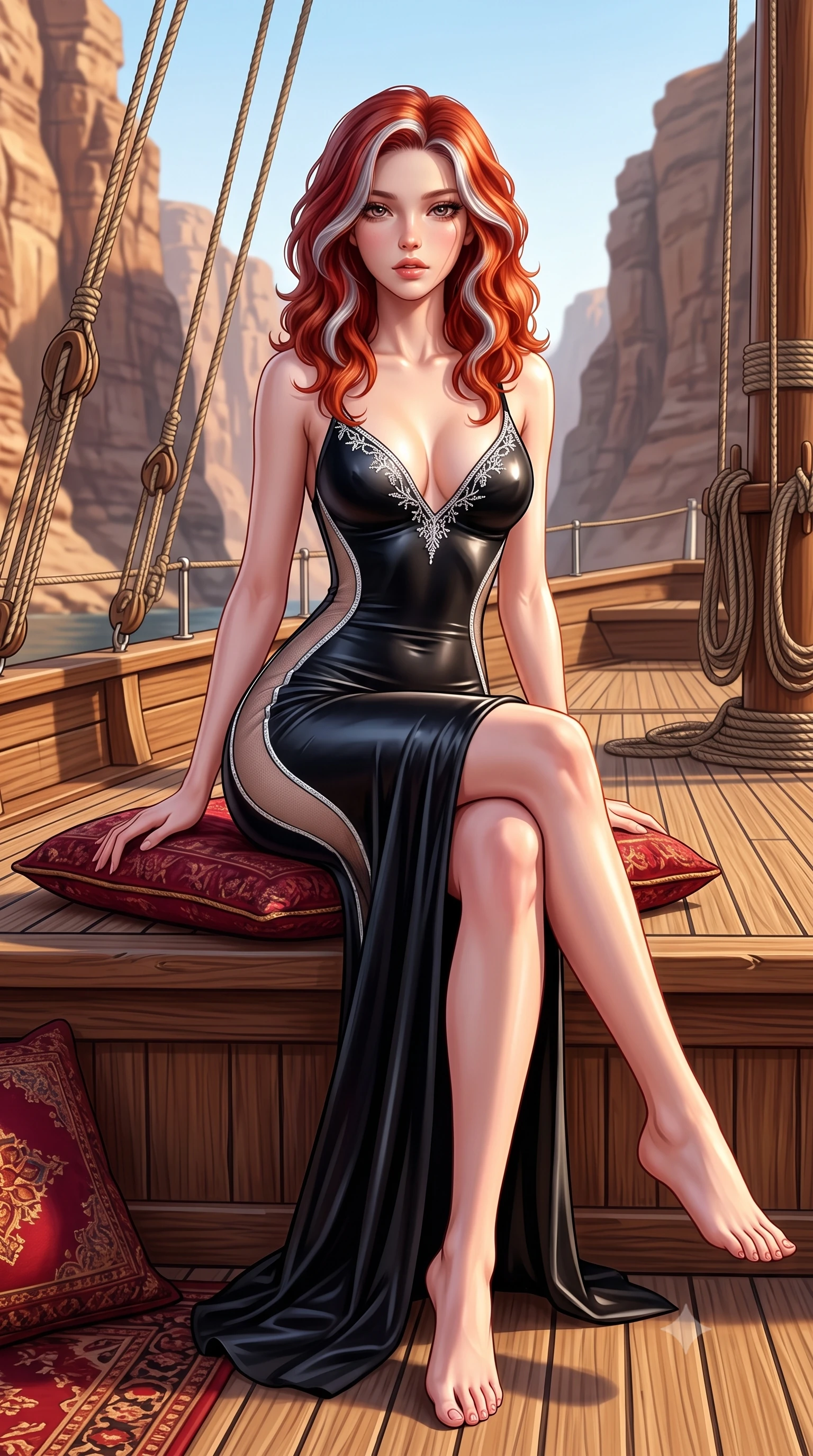 score_9, masterpiece, best quality, ultra-detailed, high-budget anime keyframe, semi-realistic 3D game render, editorial fashion photography, tasteful artistic composition, Caucasian woman. low angle full-body shot from head to toe showing her feet, filling the entire 9:16 vertical frame with her statuesque presence, stretching her vertical silhouette. sitting perched on the elevated edge with hips angled toward the camera and legs crossed, displaying her toned midriff and flawlessly sculpted slender limbs while reclining on rich crimson Persian cushions on the open teak deck of a luxury dhow cruising through towering desert fjord canyons. The surrounding environment is rendered in vivid detail and crisp panoramic clarity. sharp teak ship deck caulking, nautical rope rigging, and fjord sandstone strata in deep focus. She has an exceptionally tall and slender model-like 8.5-heads proportion, an ultra-slim waist, a flat toned midriff, narrow delicate ribcage, and beautifully sculpted feminine hips creating a graceful, slim hourglass silhouette without any bulky heaviness, with impossibly long slender legs. sharp v-shaped jawline, high-bridge nose, intricate jewel-like eyes with depth, thick eyelashes, glossy parted lips with a natural sheen, intensely captivating and seductive bedroom-eyes expression, flawlessly proportioned anatomical accuracy, strict slender model proportions, natural body alignment, perfectly sculpted long slender limbs, ultra-slim waistline, clean dynamic posture without body distortion. wearing a second-skin black silk jersey maxi dress with asymmetrical sheer mesh side panels tracing the full curve of her hip in shimmering silver mercury and pearl white, tailored from second-skin aerodynamic stretch vinyl with specular wet sheen, finished with delicate crystal frost embroidery tracing the plunging neckline, the form-contouring material adhering flawlessly to her sculpted flat midriff and slender torso, emphasizing her long leg lines and perfectly proportioned willowy build. illuminated by intense golden specular reflections sculpting her bare collarbones, ultra-slim waist, and curvy hips. highly saturated vibrant anime colors, detailed shading with soft gradients, rich glossy textures, high-contrast stereoscopic depth, volumetric dynamic lighting, master piece, 9:16 ratio