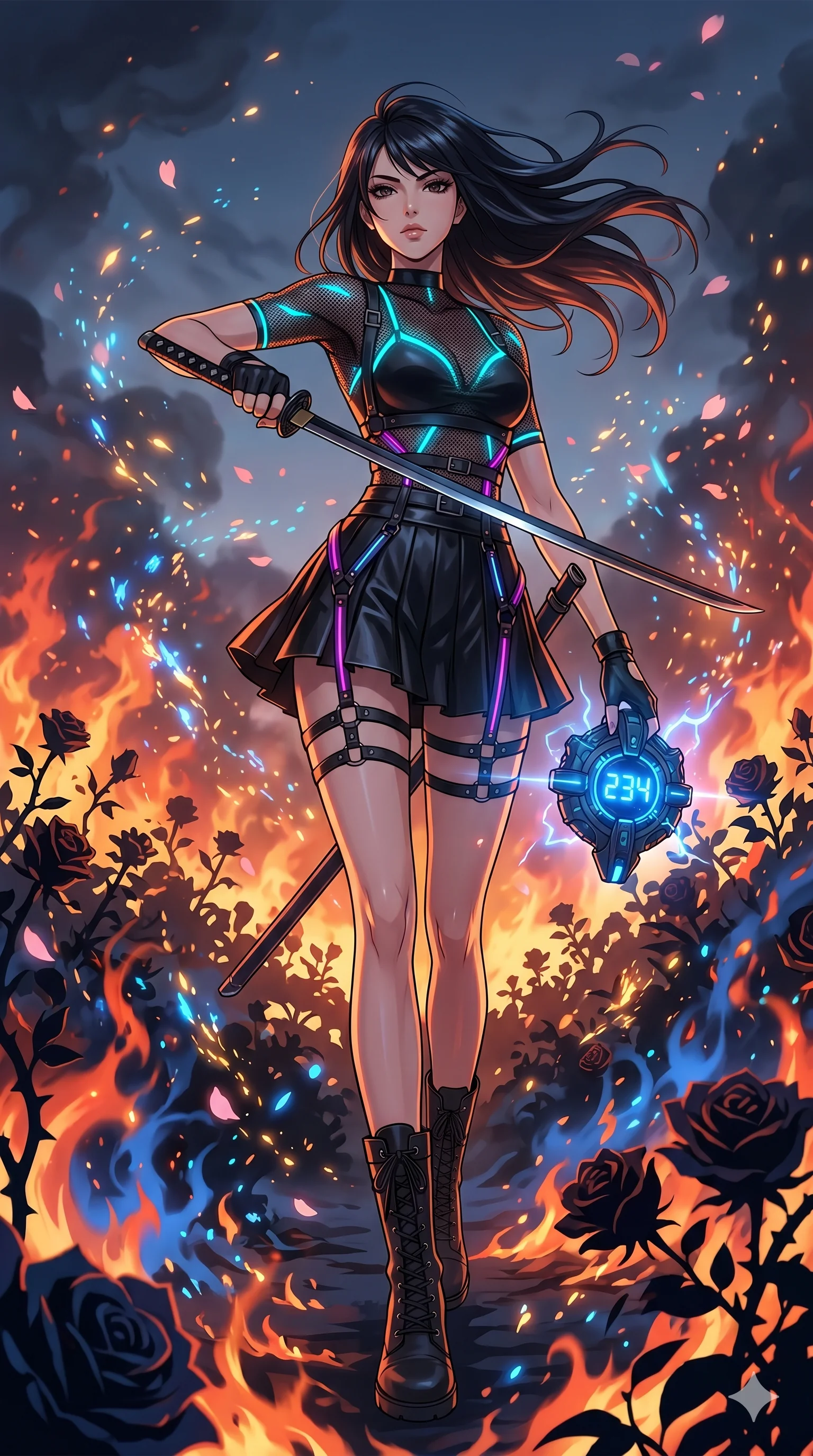 score_9, masterpiece, best quality, ultra-detailed, Set A: High-budget Anime Keyframe, Japanese woman. Low angle cowboy shot filling the entire 9:16 frame with her statuesque presence. Drawing a blade through a burning rose garden, holding a relic that pulses with the frequency 234 and surrounded by glowing energy sparks. She has an absolutely perfect 8-heads proportion, an exceptionally tall and slender female figure with impossibly long slender legs and an ultra-slim waist. Sharp v-shaped jawline, high-bridge nose, intricate jewel-like eyes with depth, thick eyelashes, glossy lips with a natural sheen. Wearing Fluorescent mesh top with a leather mini-skirt and neon-lit harness details. Cinematic lighting, vibrant colors, dramatic shadows, 2k, ultra detail, master piece, 9:16 ratio