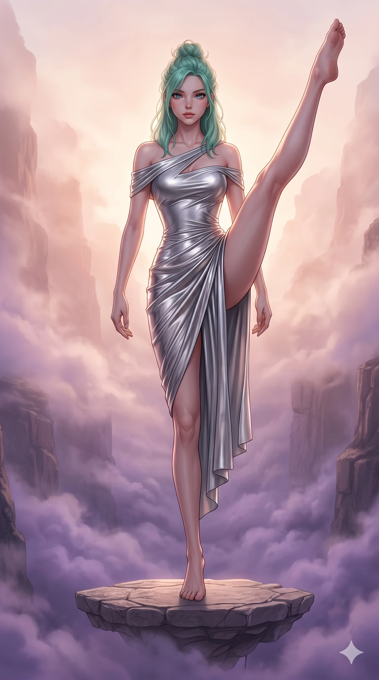 score_9, masterpiece, best quality, ultra-detailed, high-budget anime keyframe, editorial fashion photography, tasteful artistic composition, Japanese woman. low angle full-body shot from head to toe showing her feet, filling the entire 9:16 vertical frame with her statuesque presence, stretching her vertical silhouette. Balancing on one leg with the other raised in a high kick position, demonstrating perfect control on a floating stone platform above a canyon filled with swirling purple mists. She has an absolutely perfect 8-heads proportion, an exceptionally tall and slender female figure with impossibly long slender legs and an ultra-slim waist. V-shaped jawline, high-bridge nose, intricate jewel-like eyes with depth, thick eyelashes, glossy lips with a natural sheen. wearing an asymmetric off-shoulder dress in liquid silver jersey with a body-contouring fit and high slit. bathed in soft rose-gold dawn light filtering through volumetric fog that wraps her silhouette. 2k, ultra detail, master piece, 9:16 ratio