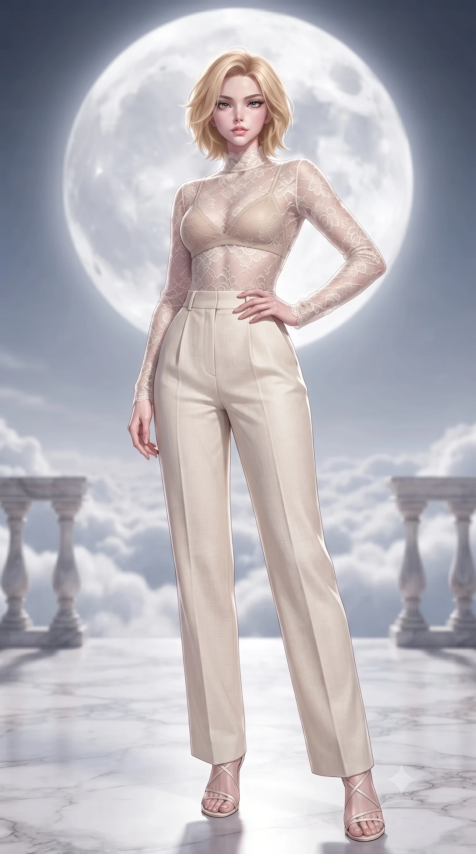 score_9, masterpiece, best quality, ultra-detailed, high-budget anime keyframe, editorial fashion photography, tasteful artistic composition, Caucasian woman. low angle full-body shot from head to toe showing her feet, filling the entire 9:16 vertical frame with her statuesque presence, stretching her vertical silhouette. posing confidently with one hand on her hip, stretching her statuesque body to emphasize her curves the background shows a soft-focus a floating marble terrace above a sea of clouds illuminated by a full silver moon. She has an absolutely perfect, statuesque 8.5-heads proportion, an exceptionally tall and slender model-like female figure with impossibly long slender legs and an ultra-slim waist. sharp v-shaped jawline, high-bridge nose, intricate jewel-like eyes with depth, thick eyelashes, glossy lips with a natural sheen. wearing a body-hugging sheer lace blouse in ivory white, worn over a simple beige bralette and high-waisted linen trousers. ethereal cool moonlight wrapping her silhouette in a radiant silver rim light. highly saturated vibrant anime colors, detailed shading with soft gradients, rich glossy textures, high-contrast stereoscopic depth, volumetric dynamic lighting, master piece, 9:16 ratio