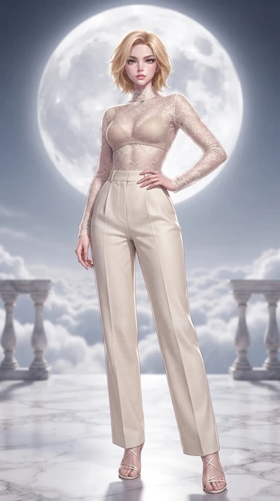 score_9, masterpiece, best quality, ultra-detailed, high-budget anime keyframe, editorial fashion photography, tasteful artistic composition, Caucasian woman. low angle full-body shot from head to toe showing her feet, filling the entire 9:16 vertica