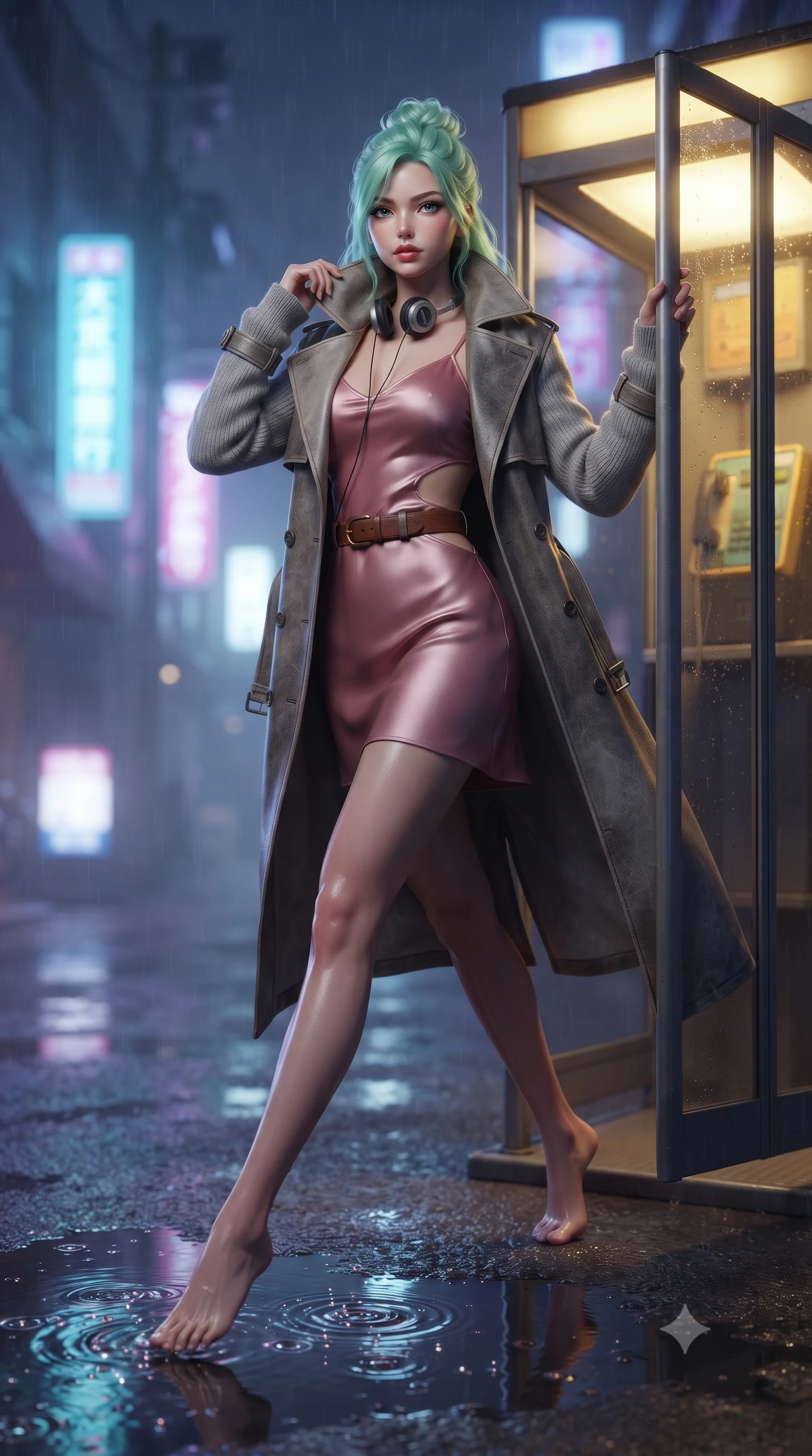 score_9, masterpiece, best quality, ultra-detailed, high-budget anime keyframe, editorial fashion photography, tasteful artistic composition, Japanese woman. low angle full-body shot from head to toe showing her feet, filling the entire 9:16 vertical frame with her statuesque presence, stretching her vertical silhouette. landing lightly on the balls of her feet in a balanced kinetic stance, eyes locked onto the camera with fearless allure while stepping out of the retro phone booth into the misty night street, pulling her trench coat collar up with effortless cool. The composition keeps background elements in soft focus with creamy bokeh. refracted telephone booth light rays and splashing puddle ripples scattering shimmering light motes. She has an absolutely perfect, statuesque 8.5-heads proportion, an exceptionally tall and slender model-like female figure with impossibly long slender legs, a toned flat midriff, and an ultra-slim waist. sharp v-shaped jawline, high-bridge nose, intricate jewel-like eyes with depth, thick eyelashes, glossy lips with a natural sheen, captivating and magnetic expression, flawlessly proportioned anatomical accuracy, strict slender model proportions, natural body alignment, perfectly sculpted long slender limbs, ultra-slim waistline, clean dynamic posture without body distortion. wearing a romantic 90s silk satin slip dress layered under an unbuttoned vintage oversized denim jacket in dusty rose pink and vintage heather grey, crafted from distressed supple genuine leather and soft ribbed cotton knit, accessorized with a classic leather belt with brass buckle and retro on-ear foam headphones, the precision-cut daring openings accentuating her delicate midriff, graceful bare collarbones, and ultra-slim feminine waistline. bathed in cozy yellow interior phone booth lamp light contrasting with cool neon street reflections outside. ultra-reflective glossy finish, specular highlights, rich textural contrasts, high-contrast stereoscopic depth, volumetric dynamic lighting, 2k, ultra detail, master piece, 9:16 ratio