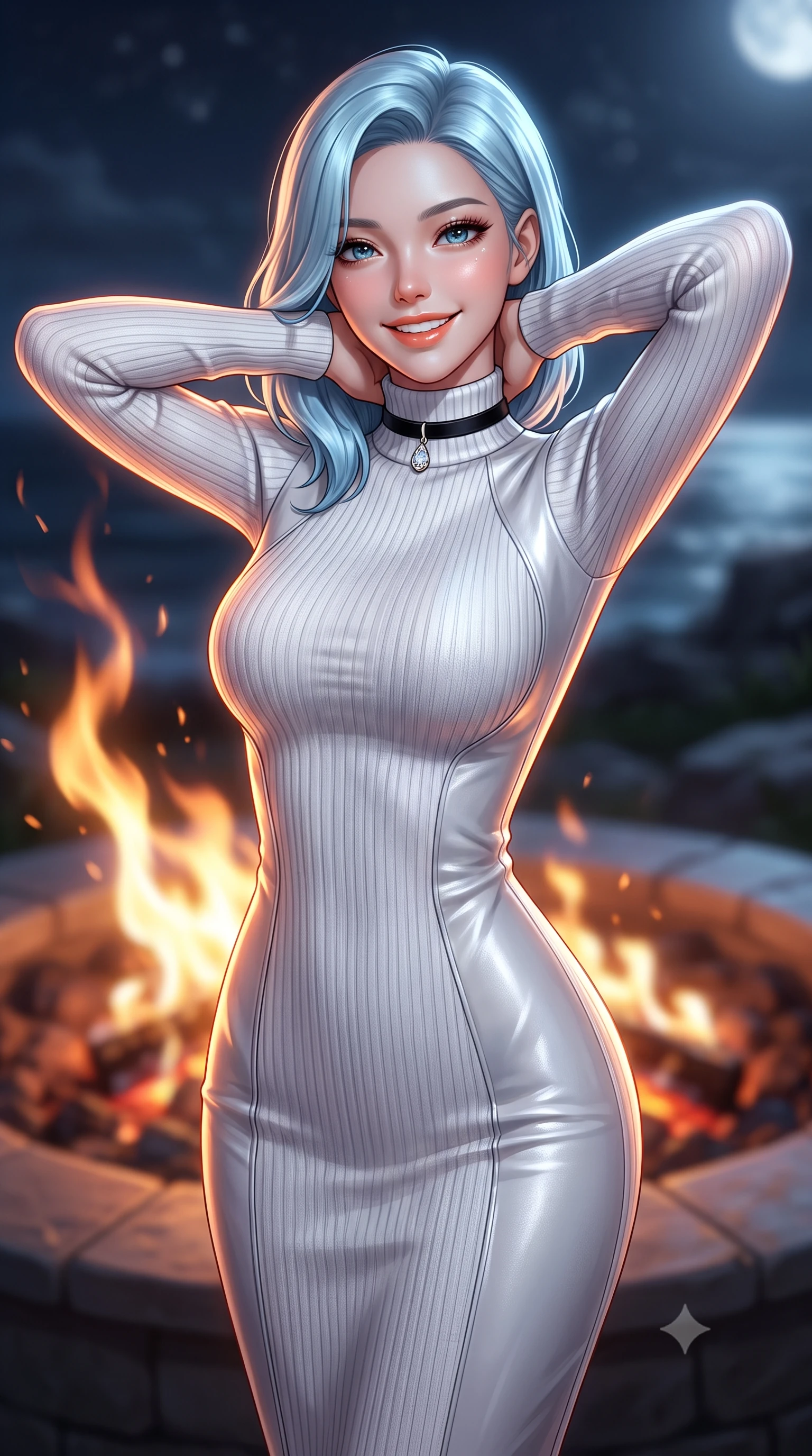 score_9, masterpiece, best quality, ultra-detailed, high-budget anime keyframe, semi-realistic 3D game render, editorial fashion photography, tasteful artistic composition, Korean woman. close-up cowboy shot from the waist and thighs up, the character dominates the composition, filling the frame with her large presence. resting both hands lightly behind her neck with elbows raised, arching her spine to highlight her narrow waist, flat midriff, and breathtaking collarbones while twisting her slender torso in an alluring contrapposto stance beside the sunken gas fire pit, flame ribbons dancing across her dewy skin and flat midriff. The background shows a soft-focus dancing fire pit flames softened in dramatic coastal aerie shallow focus. She has an exceptionally elegant, slender, and willowy female figure with an ultra-slim waist, flat toned midriff, narrow ribcage, and sculpted feminine hips creating an alluring, slim hourglass silhouette without bulk. sharp v-shaped jawline, high-bridge nose, intricate jewel-like sparkling eyes with depth, thick eyelashes, glossy parted lips with a natural peach sheen, bright cheerful beaming smile with an enchanting and coquettish sensual glint, exuding both youthful cute charm and seductive allure, flawlessly proportioned anatomical accuracy, strict slender model proportions, natural body alignment, perfectly sculpted long slender limbs, ultra-slim waistline, clean dynamic posture without body distortion. wearing a form-fitting ribbed knit midi dress with high turtleneck hugging every contour of her hourglass frame in pure translucent crystal white and liquid platinum, woven from buttery-soft stretch lambskin leather adhering to her body like a second skin, finished with a thin velvet ribbon choker and a single teardrop diamond pendant, the second-skin tailored fabric adhering flawlessly to her sculpted flat midriff and slender torso, emphasizing her long leg lines and perfectly proportioned willowy build. bathed in the warm radiant 2100K hearth glow of the outdoor fire bowl mixed with cool Atlantic starlight and moonlight. highly saturated vibrant anime colors, detailed shading with soft gradients, rich glossy textures, high-contrast stereoscopic depth, volumetric dynamic lighting, master piece, 9:16 ratio