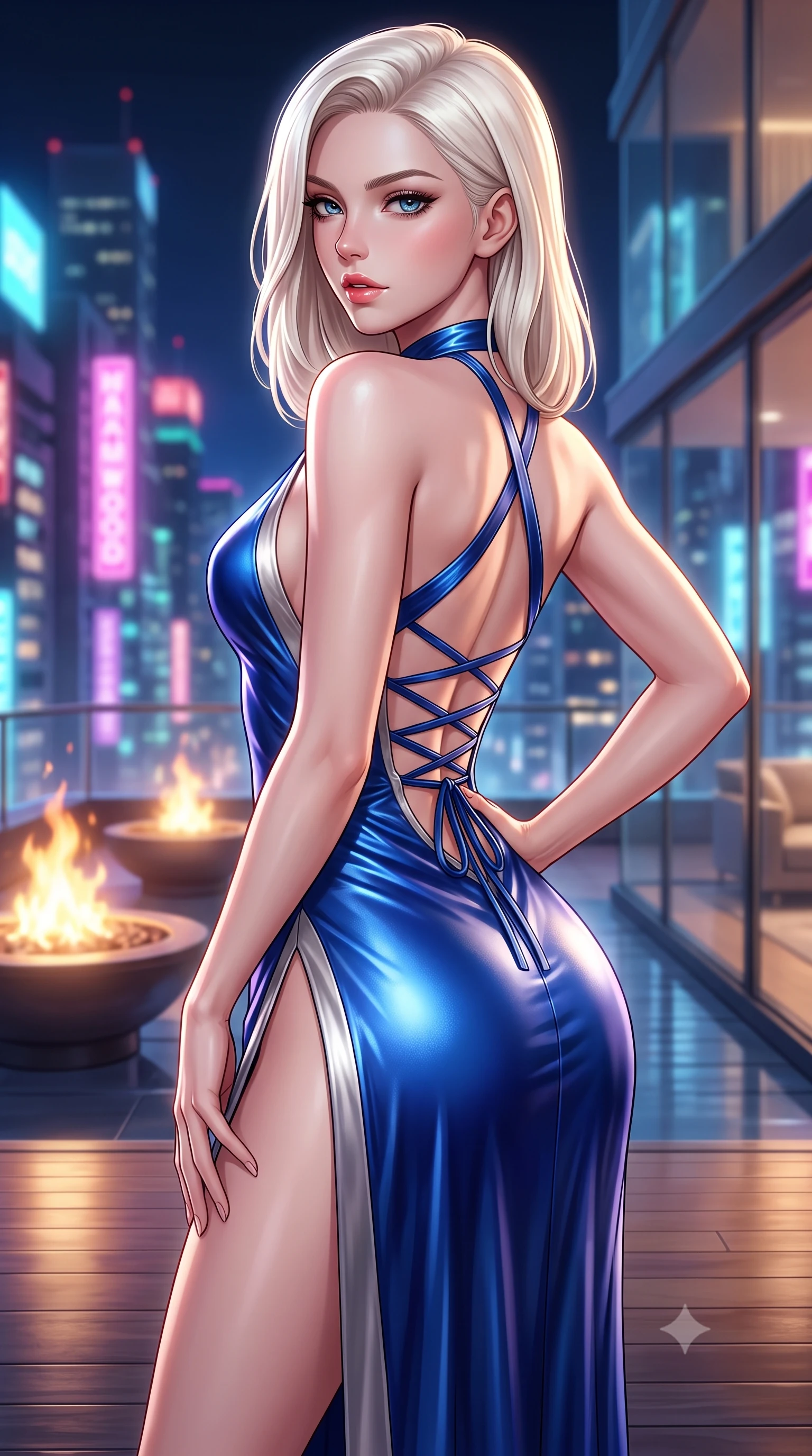 score_9, masterpiece, best quality, ultra-detailed, high-budget anime keyframe, semi-realistic 3D game render, editorial fashion photography, tasteful artistic composition, Caucasian woman. close-up cowboy shot from the waist and thighs up, the character dominates the composition, filling the frame with her large presence. posing in an alluring rear three-quarter angle, arching her lower back in a pronounced S-curve with one hand on her hip, glancing seductively over her bare shoulder with parted glossy lips while pivoting gracefully on the polished balcony deck with hips shifted in a pronounced contrapposto stance, parted glossy lips reflecting city neon. The composition keeps background elements in soft focus with creamy bokeh. glass terrace architecture and glowing fire pits softened in glamorous shallow depth of field. She has an exceptionally elegant, slender, and willowy female figure with an ultra-slim waist, a gracefully sculpted slender torso, toned flat midriff, and rounded feminine hips creating an alluring hourglass silhouette. sharp v-shaped jawline, high-bridge nose, intricate jewel-like eyes with depth, thick eyelashes, glossy parted lips with a natural sheen, intensely captivating and seductive bedroom-eyes expression, flawlessly proportioned anatomical accuracy, strict slender model proportions, natural body alignment, perfectly sculpted long slender limbs, ultra-slim waistline, clean dynamic posture without body distortion. wearing a halter-neck liquid metallic gown with open side slits ascending to the high hip in royal sapphire blue and brushed platinum, crafted from second-skin supple lambskin leather with specular sheen, featuring an open-back criss-cross satin lacing highlighting her graceful shoulder blades, the second-skin form-contouring cut accentuating her sculpted flat midriff, narrow waistline, and dramatically curvy hips without adding bulk. surrounded by a cosmopolitan, elite, and intensely magnetic modern royalty aura. highly saturated vibrant anime colors, detailed shading with soft gradients, rich glossy textures, high-contrast stereoscopic depth, volumetric dynamic lighting, master piece, 9:16 ratio
