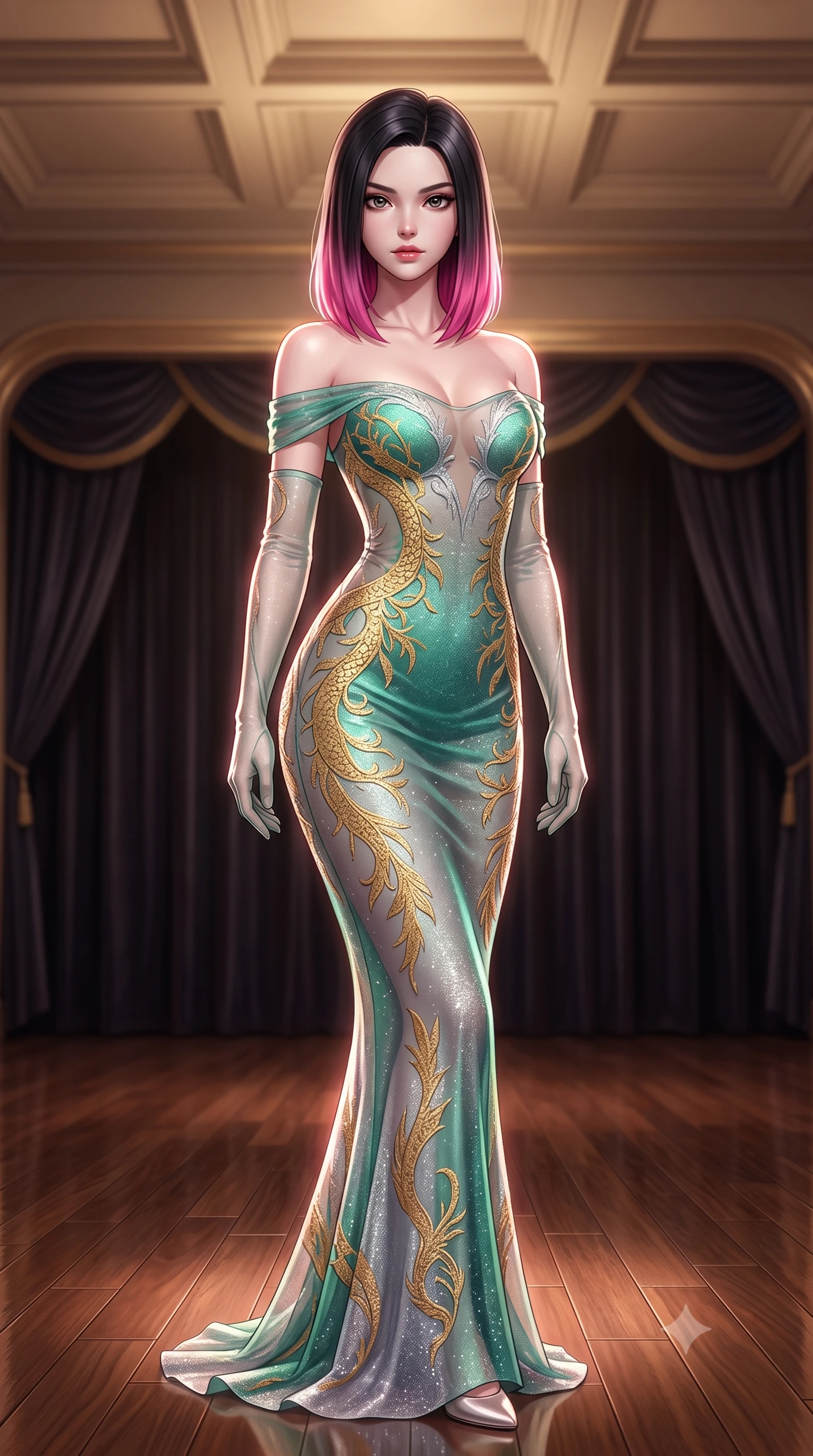 score_9, masterpiece, best quality, ultra-detailed, high-budget anime keyframe, semi-realistic 3D game render, editorial fashion photography, tasteful artistic composition, Korean woman. close-up cowboy shot from the waist and thighs up, the character dominates the composition, filling the frame with her large presence. leaning forward while arching her lower back to accentuate her curvy hips, looking into the camera with an intoxicating smoldering gaze and bedroom-eyes while standing centered on the mirror-polished teak ballroom floor beneath the soaring coffered ceiling, arching her spine with queenly supermodel charisma. The background shows a soft-focus heavy velvet stage curtains softened in aristocratic Shanghai golden age shallow focus. She has an exceptionally elegant, slender, and willowy female figure with an ultra-slim waist, flat toned midriff, narrow ribcage, and sculpted feminine hips creating an alluring, slim hourglass silhouette without bulk. sharp v-shaped jawline, high-bridge nose, intricate jewel-like sparkling eyes with depth, thick eyelashes, glossy parted lips with a natural peach sheen, bright cheerful beaming smile with an enchanting and coquettish sensual glint, exuding both youthful cute charm and seductive allure, flawlessly proportioned anatomical accuracy, strict slender model proportions, natural body alignment, perfectly sculpted long slender limbs, ultra-slim waistline, clean dynamic posture without body distortion. wearing an off-the-shoulder sheer illusion mesh evening bodysuit with gold dragon-scale embroidery contouring her hourglass waist in Nordic aurora emerald green and starlight silver, made of fluid liquid jersey with seamless sculpting hold and smooth contours, complemented by sheer opera-length evening gloves tracing her slender arms, the form-contouring silhouette accentuating her sculpted flat midriff, narrow delicate ribcage, and gracefully curvy hips with intoxicating allure. illuminated by polished floor specular bounce and sharp rose-gold rim lights defining her dewy collarbones, ultra-slim waist, and curvy hips. highly saturated vibrant anime colors, detailed shading with soft gradients, rich glossy textures, high-contrast stereoscopic depth, volumetric dynamic lighting, master piece, 9:16 ratio