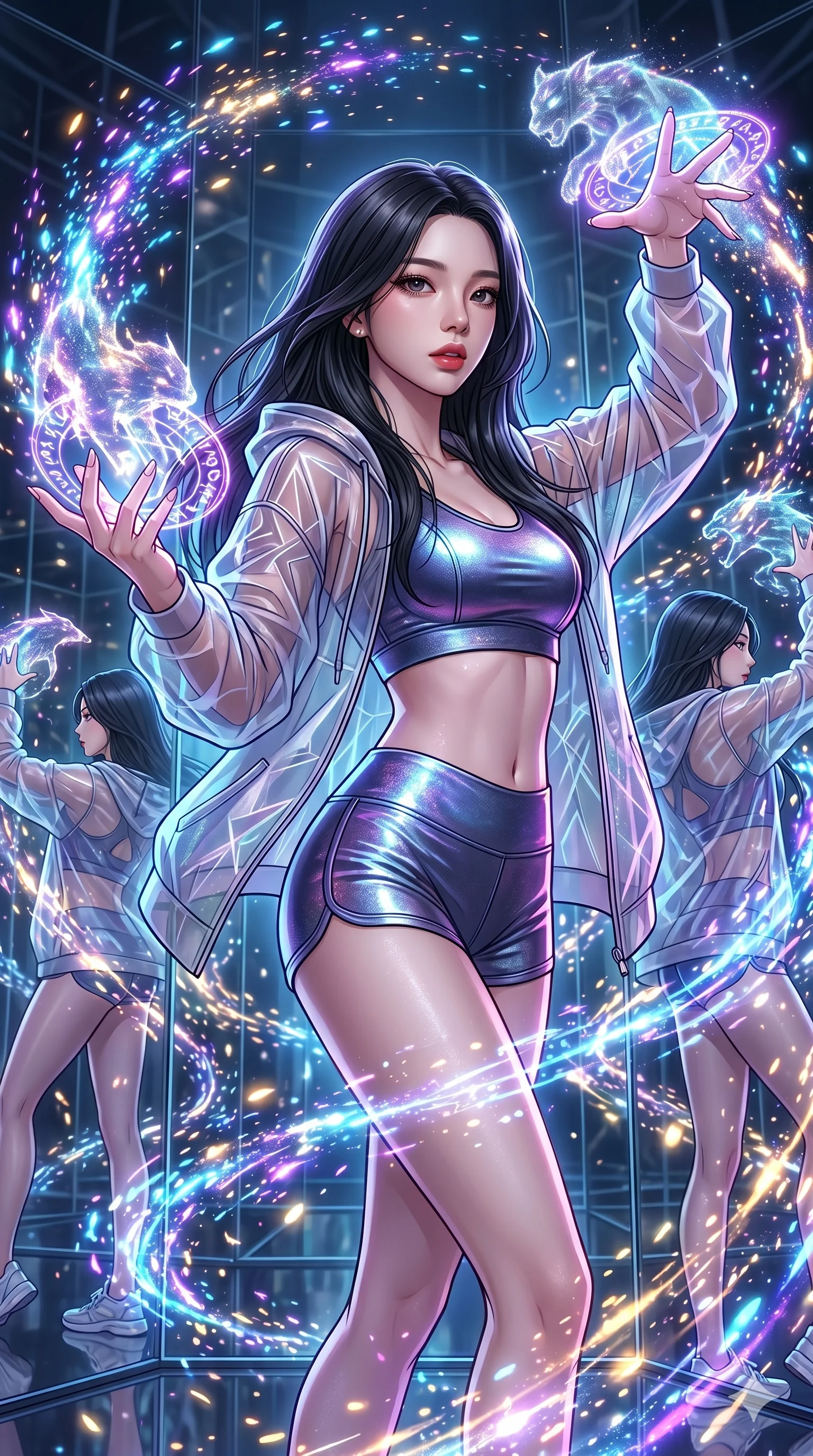 score_9, masterpiece, best quality, ultra-detailed, high-budget anime movie keyframe, cinematic anime lighting, intricate line art, Korean woman. Upper body filling screen focusing on her alluring features and slim-fit silhouette. summoning mystical spirits in a infinite mirror maze in a storm of sparks. She has an absolutely perfect 8-heads proportion, an exceptionally tall and slender female figure with an ultra-slim waist and impossibly long slender legs. sharp v-shaped jawline, high-bridge nose, intricate jewel-like eyes, thick eyelashes, glossy lips. Wearing premium athleisure set with a metallic-finish compression top, high-cut yoga shorts that accentuate her long legs, and a sheer oversized hoodie. The scene is illuminated by dramatic atmospheric lighting and vibrant color palettes. , 2k, ultra detail, master piece, 9:16 ratio