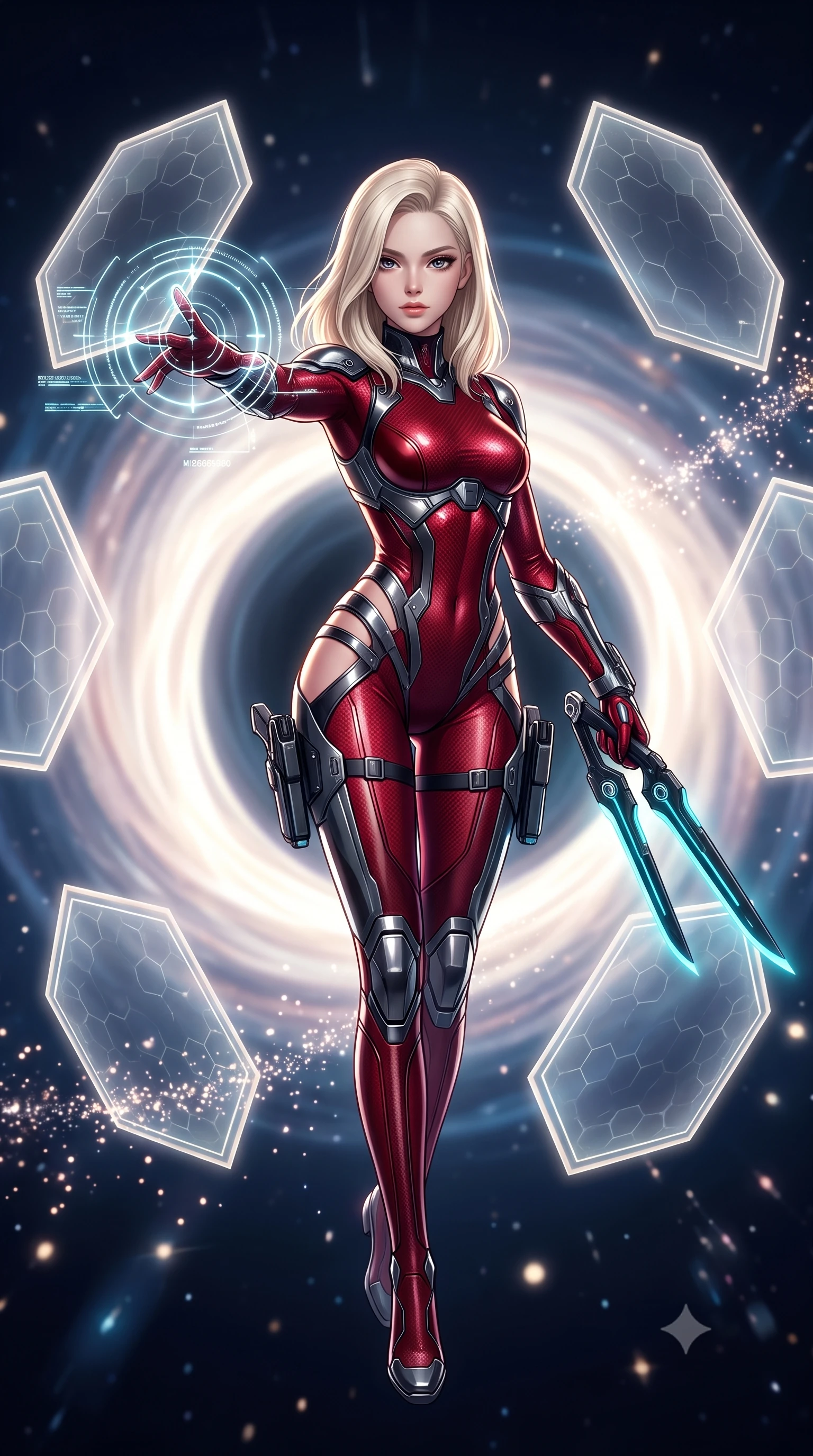 score_9, masterpiece, best quality, ultra-detailed, high-budget anime keyframe, semi-realistic 3D game render, editorial fashion photography, tasteful artistic composition, Caucasian woman. close-up cowboy shot from the waist and thighs up, the character dominates the composition, filling the frame with her large presence. extending one arm gracefully as glowing holographic targeting reticles and data streams orbit her fingertips with sovereign power while floating weightlessly before a swirling artificial singularity core as six floating hexagonal energy shields form a protective matrix. The composition keeps background elements in soft focus with creamy bokeh. sparkling quantum particle trails scattering celestial radiance across a deep space backdrop. She has an exceptionally elegant, slender, and willowy female figure with an ultra-slim waist, a gracefully sculpted slender torso, toned flat midriff, and a refined slim silhouette. sharp v-shaped jawline, high-bridge nose, intricate jewel-like eyes with depth, thick eyelashes, glossy lips with a natural sheen, flawlessly proportioned anatomical accuracy, strict slender model proportions, natural body alignment, perfectly sculpted long slender limbs, ultra-slim waistline, clean dynamic posture without body distortion. wearing a skin-tight crimson carbon-weave combat leotard with metallic dark chrome plating and hip-accentuating cutouts, holding twin glowing high-frequency vibro-blades with effortless supermodel poise in matte obsidian carbon black with electric cyan conduits, formed from high-gloss patent carbon-plating with specular chiaroscuro reflections, detailed with magnetic weapon holsters and polished chrome connection clasps, the glove-like aerodynamic second-skin fit tightly clinging to her ultra-slender waist and athletic curves without adding bulk, accentuating her razor-sharp statuesque lines and slim hourglass silhouette. illuminated by intense directional rim lights sharply defining her ultra-slim waist, long legs, and flat midriff. rich saturated anime colors with glowing neon highlights, detailed shading with soft gradients, rich glossy textures, high-contrast stereoscopic depth, volumetric dynamic lighting, master piece, 9:16 ratio
