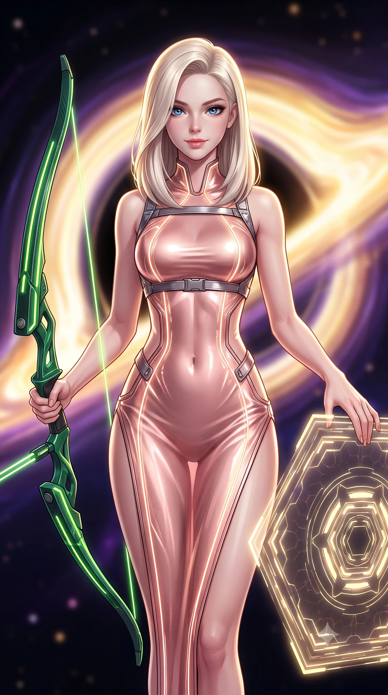 score_9, masterpiece, best quality, ultra-detailed, high-budget anime keyframe, semi-realistic 3D game render, editorial fashion photography, tasteful artistic composition, Caucasian woman. close-up cowboy shot from the waist and thighs up, the character dominates the composition, filling the frame with her large presence. gazing forward with divine sovereign poise, captivating jewel-like eyes shining with transcendent focus while holding her weapon with effortless mastery while resting one hand on the edge of a floating energy shield with an omnipotent, sovereign smile looking into the camera lens. The composition keeps background elements in soft focus with creamy bokeh. swirling black hole singularity core and glowing accretion disk blurred into dazzling gold, violet, and pitch-black bokeh. She has an exceptionally elegant, slender, and willowy female figure with an ultra-slim waist, a gracefully sculpted slender torso, toned flat midriff, and a refined slim silhouette. sharp v-shaped jawline, high-bridge nose, intricate jewel-like eyes with depth, thick eyelashes, glossy lips with a natural sheen, flawlessly proportioned anatomical accuracy, strict slender model proportions, natural body alignment, perfectly sculpted long slender limbs, ultra-slim waistline, clean dynamic posture without body distortion. wearing a form-fitting luminous rose-gold carbon combat gown with tactical side slits, wielding a floating magnetic energy bow with celestial poise in emerald green carbon composite with glowing lime laser channels, crafted from semi-translucent cybernetic carbon-vinyl interwoven with glowing micro-filaments, reinforced by a sleek titanium tactical harness and glowing micro-energy straps, the liquid-tight tailored fabric emphasizing every curve of her tall, slender model proportions and sculptured silhouette during dynamic movement. bathed in radiant golden singularity accretion glow and saturated violet gravitational field uplights. rich saturated anime colors with glowing neon highlights, detailed shading with soft gradients, rich glossy textures, high-contrast stereoscopic depth, volumetric dynamic lighting, master piece, 9:16 ratio