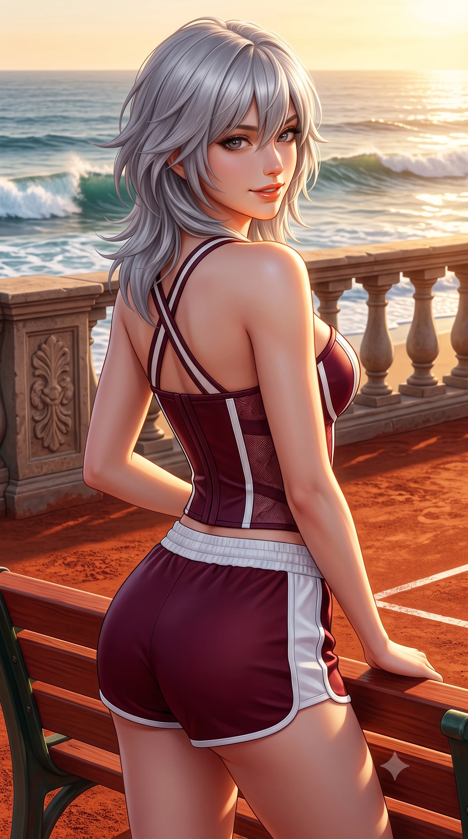 score_9, masterpiece, best quality, ultra-detailed, high-budget anime keyframe, semi-realistic 3D game render, editorial fashion photography, tasteful artistic composition, Japanese woman. close-up cowboy shot from the waist and thighs up, the character dominates the composition, filling the frame with her large presence. posing in an alluring rear three-quarter angle, turning over a bare shoulder with an intoxicating gaze, her hips cocked back to highlight her slim hourglass curve against the paddock lights while leaning against the red clay court bench with hips cocked back, looking into the lens with an enchanting, wind-swept tennis smile. The surrounding environment is rendered in vivid detail and crisp panoramic clarity: sharp red clay surface texture, stone balustrade relief, and ocean wave crest clarity in deep focus. She has an exceptionally elegant, slender, and willowy female figure with an ultra-slim waist, flat toned midriff, narrow ribcage, and sculpted feminine hips creating an alluring, slim hourglass silhouette without bulk. sharp v-shaped jawline, high-bridge nose, sparkling eyes with athletic focus and depth, thick curled eyelashes, glossy parted lips with a natural coral-peach sheen, bright confident and coquettish smile with alluring bedroom-eyes, exuding both youthful sporty vigor and sovereign high-society glamour, flawlessly proportioned anatomical accuracy, strict slender model proportions, natural body alignment, perfectly sculpted long slender limbs, ultra-slim waistline, clean dynamic posture without body distortion. wearing a strapless structured leather corset top with racing stripe accents paired with high-waisted track shorts in rich burgundy wine and crisp court white, crafted from sheer delicate stretch lace reinforced with technical sport threads, finished with criss-cross back athletic straps highlighting her graceful shoulder blades, the form-fitting tailored bodice adhering flawlessly to her sculpted flat midriff and slender torso, emphasizing her long leg lines and perfectly proportioned willowy build. bathed in intense golden sunset rays breaking horizontally across the Atlantic Ocean. highly saturated vibrant anime colors, detailed shading with soft gradients, rich glossy textures, high-contrast stereoscopic depth, volumetric dynamic lighting, master piece, 9:16 ratio
