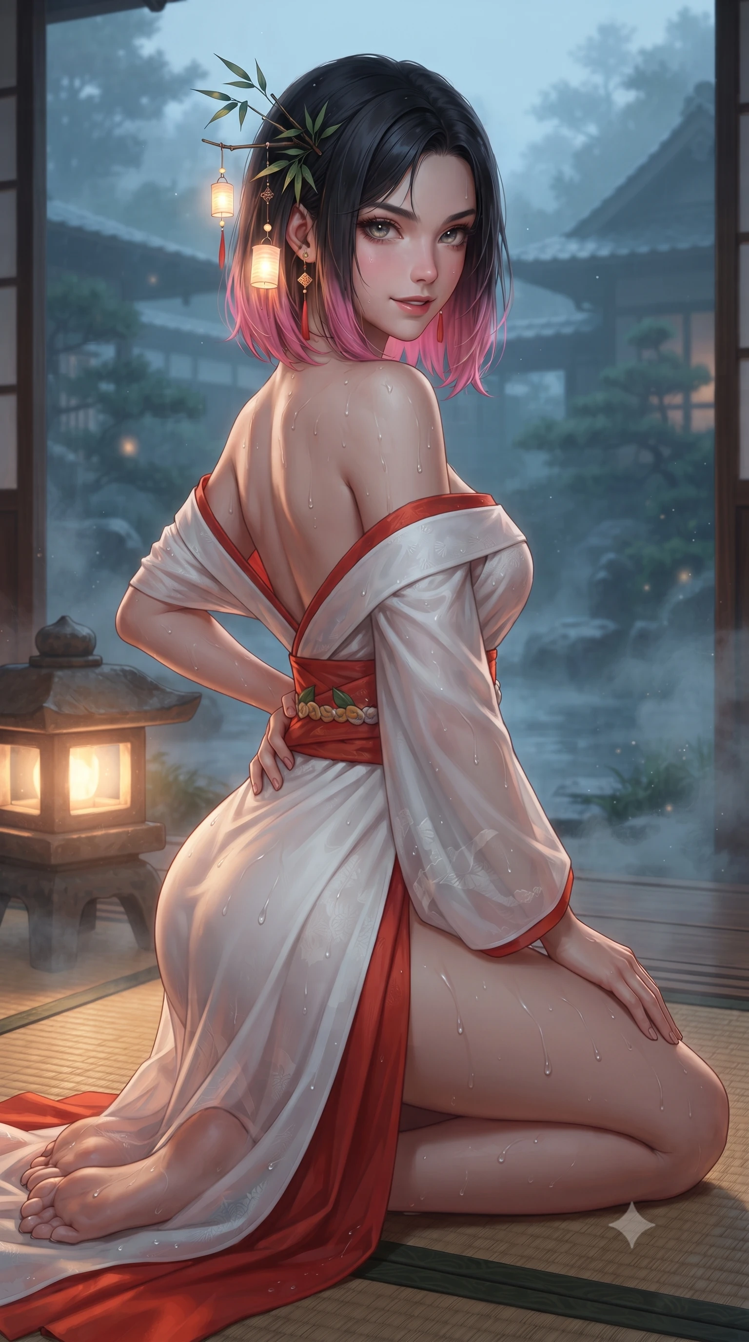 score_9, masterpiece, best quality, ultra-detailed, high-budget anime keyframe, editorial fashion photography, tasteful artistic composition, Korean woman. close-up cowboy shot from the waist and thighs up, the character dominates the composition, filling the frame with her large presence. turning over a bare shoulder with an intoxicating, teasing smile, her soft hair framing her sharp jawline as her hips angle gracefully while kneeling gracefully on the warm tatami deck beside a glowing stone lantern, one hand resting on her bare hip as cool river mist curls around her. The surrounding environment is rendered in vivid detail and crisp panoramic clarity. sharp wet hinoki wood grain, distinct water droplet tracks on skin, and bamboo leaf venation in deep focus. She has an exceptionally elegant, slender, and willowy female figure with an ultra-slim waist, a gracefully sculpted slender torso, toned flat midriff, and rounded feminine hips creating an alluring hourglass silhouette. sharp v-shaped jawline, high-bridge nose, intricate jewel-like eyes with depth, thick eyelashes, glossy parted lips with a natural sheen, intensely captivating and seductive bedroom-eyes expression, flawlessly proportioned anatomical accuracy, strict slender model proportions, natural body alignment, perfectly sculpted long slender limbs, ultra-slim waistline, clean dynamic posture without body distortion. wearing a backless off-shoulder silk kimono gown with fluttering drapes and an ultra-high side slit in pure snow white and vermilion red, tailored from crisp ceremonial cotton and multi-layered translucent chiffon, complemented by delicate bamboo leaf hairpins and glowing paper lantern charms, the glove-like aerodynamic silhouette tightly following the natural contour of her hips and long slender legs with statuesque precision. surrounded by a tranquil, poetic, and deeply sensual Japanese ryokan muse aura. ultra-reflective glossy finish, specular highlights, rich textural contrasts, high-contrast stereoscopic depth, volumetric dynamic lighting, 2k, ultra detail, master piece, 9:16 ratio