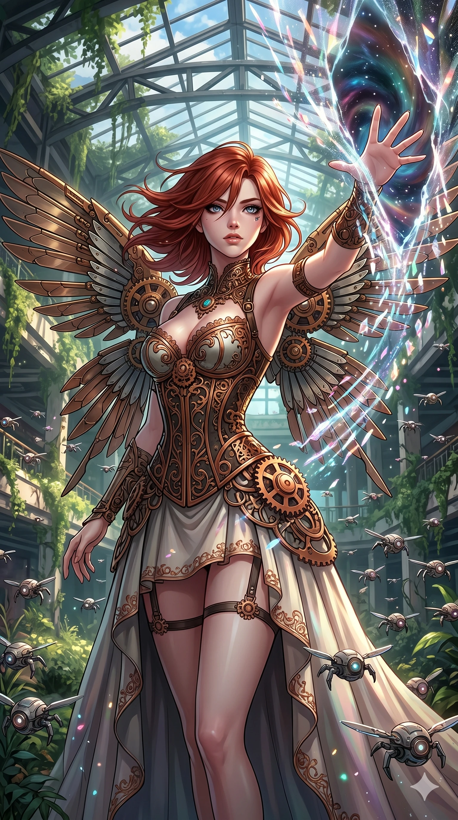 score_9, masterpiece, best quality, ultra-detailed, Set A: High-budget Anime Keyframe, Caucasian (human ears) woman. Upper body close-up from the thighs up, character filling the screen for maximum presence. Theme: Ethereal Dream. shattering the fabric of reality in a ruined overgrown shopping mall, surrounded by 289 hovering guardian drones. The atmosphere is filled with cinematic sunlight through leaves. She has an absolutely perfect 8-heads proportion, an exceptionally tall and slender female figure with impossibly long slender legs and an ultra-slim waist. Sharp v-shaped jawline, high-bridge nose, intricate jewel-like eyes with depth, glossy lips. Wearing Steam-punk corset gown with copper gear ornaments and mechanical butterfly wings. Cinematic lighting, vivid colors, dramatic shadows, 2k, ultra detail, master piece, 9:16 ratio