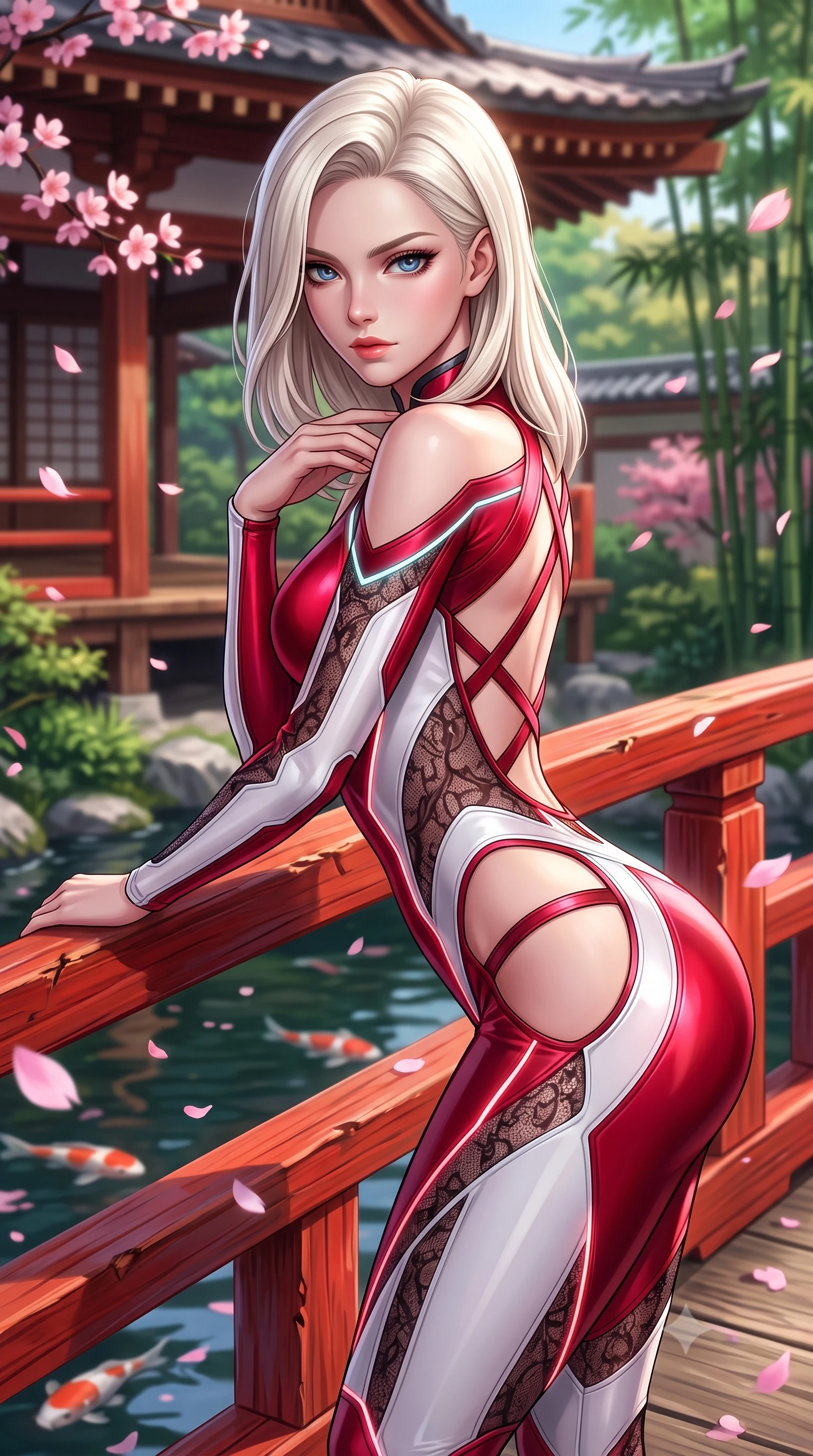 score_9, masterpiece, best quality, ultra-detailed, high-budget anime keyframe, semi-realistic 3D game render, editorial fashion photography, tasteful artistic composition, Caucasian woman. close-up cowboy shot from the waist and thighs up, the character dominates the composition, filling the frame with her large presence. leaning forward with a dangerous, enticing smolder, resting one hand near her collarbone while casting a fiery, magnetic direct gaze while pivoting dynamically on a vermilion bridge over a mirror-like koi pond as pink cherry blossoms float past. The composition keeps background elements in soft focus with creamy bokeh. traditional wooden temple eaves and garden bamboo softened by shallow depth of field. She has an exceptionally elegant, slender, and willowy female figure with an ultra-slim waist, a gracefully sculpted slender torso, toned flat midriff, and a refined slim silhouette. sharp v-shaped jawline, high-bridge nose, intricate jewel-like eyes with depth, thick eyelashes, glossy lips with a natural sheen, flawlessly proportioned anatomical accuracy, strict slender model proportions, natural body alignment, perfectly sculpted long slender limbs, ultra-slim waistline, clean dynamic posture without body distortion. wearing a skin-tight cybernetic bodysuit with glowing neon seams, deep hip cutouts, and an aerodynamic athletic fit in radiant crimson silk and crisp snow white, crafted from delicate dark lace interwoven with luminescent micro-fibers, complemented by criss-cross back straps highlighting her completely bare spine, the precision-cut daring openings accentuating her delicate midriff, graceful bare collarbones, and ultra-slim feminine waistline. surrounded by a majestic, timeless, and captivatingly sensual oriental royalty aura. highly saturated vibrant anime colors, detailed shading with soft gradients, rich glossy textures, high-contrast stereoscopic depth, volumetric dynamic lighting, master piece, 9:16 ratio
