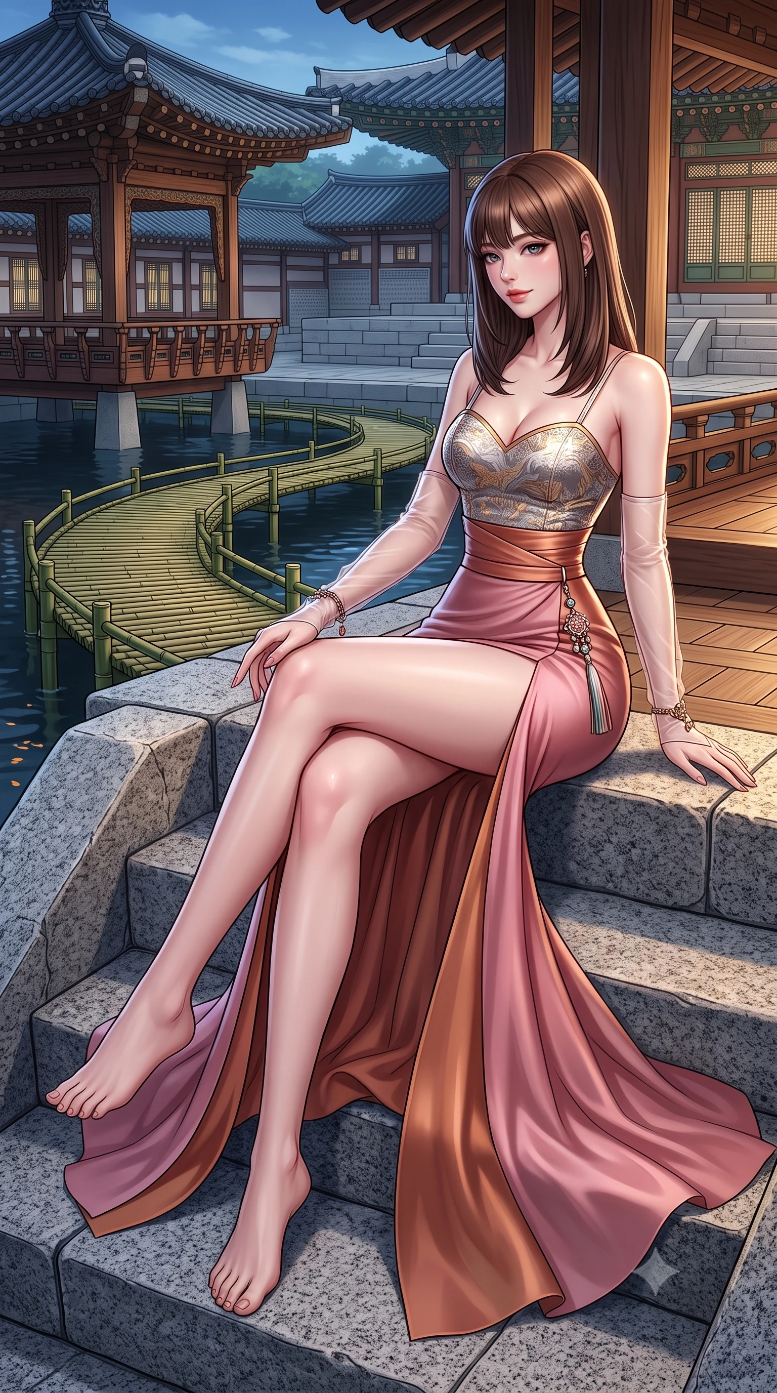 score_9, masterpiece, best quality, ultra-detailed, high-budget anime keyframe, semi-realistic 3D game render, editorial fashion photography, tasteful artistic composition, Korean woman. low angle full-body shot from head to toe showing her feet, filling the entire 9:16 vertical frame with her statuesque presence, stretching her vertical silhouette. walking slowly through the bamboo pathway, looking back over her shoulder with an air of effortless oriental grace and an alluring, smoldering smile while sitting poised on the stone steps of the island pavilion with legs crossed, her modern fusion hanbok trailing gracefully across ancient granite. The surrounding environment is rendered in vivid detail and crisp panoramic clarity: detailed sheer jeogori silk weave, delicate norigae jewelry sparkle, and Joseon royal palace architecture in razor-sharp precision. She has an absolutely perfect, statuesque 8.5-heads proportion, an exceptionally tall and slender model-like female figure with impossibly long slender legs, an ultra-slim waist, a flat toned midriff, narrow delicate ribcage, and beautifully sculpted feminine hips creating a graceful, slim hourglass silhouette without any bulky heaviness. sharp v-shaped jawline, high-bridge nose, intricate jewel-like dark sparkling almond eyes with depth, thick lashes, glossy parted lips with a natural rose-plum sheen, bright alluring and coquettish smile with bedroom-eyes, exuding both timeless oriental elegance and sovereign high-fashion allure, flawlessly proportioned anatomical accuracy, strict slender model proportions, natural body alignment, perfectly sculpted long slender limbs, ultra-slim waistline, clean dynamic posture without body distortion. wearing a sweetheart-neckline oriental jacquard bustier top paired with a curve-hugging high-slit mermaid maxi skirt in dusty rose pink and burnished copper, woven from metallic gold and silver thread casting subtle starlight glints, complemented by delicate sheer silk fingerless gloves reaching past her elbows, the high-waisted wrap tailoring accentuating her ultra-slim waistline and the enchanting curve of her feminine hips with alluring oriental charm. bathed in soft architectural spotlights illuminating the historic royal pavilion and dark waters. highly saturated vibrant anime colors, detailed shading with soft gradients, rich glossy textures, high-contrast stereoscopic depth, volumetric dynamic lighting, master piece, 9:16 ratio