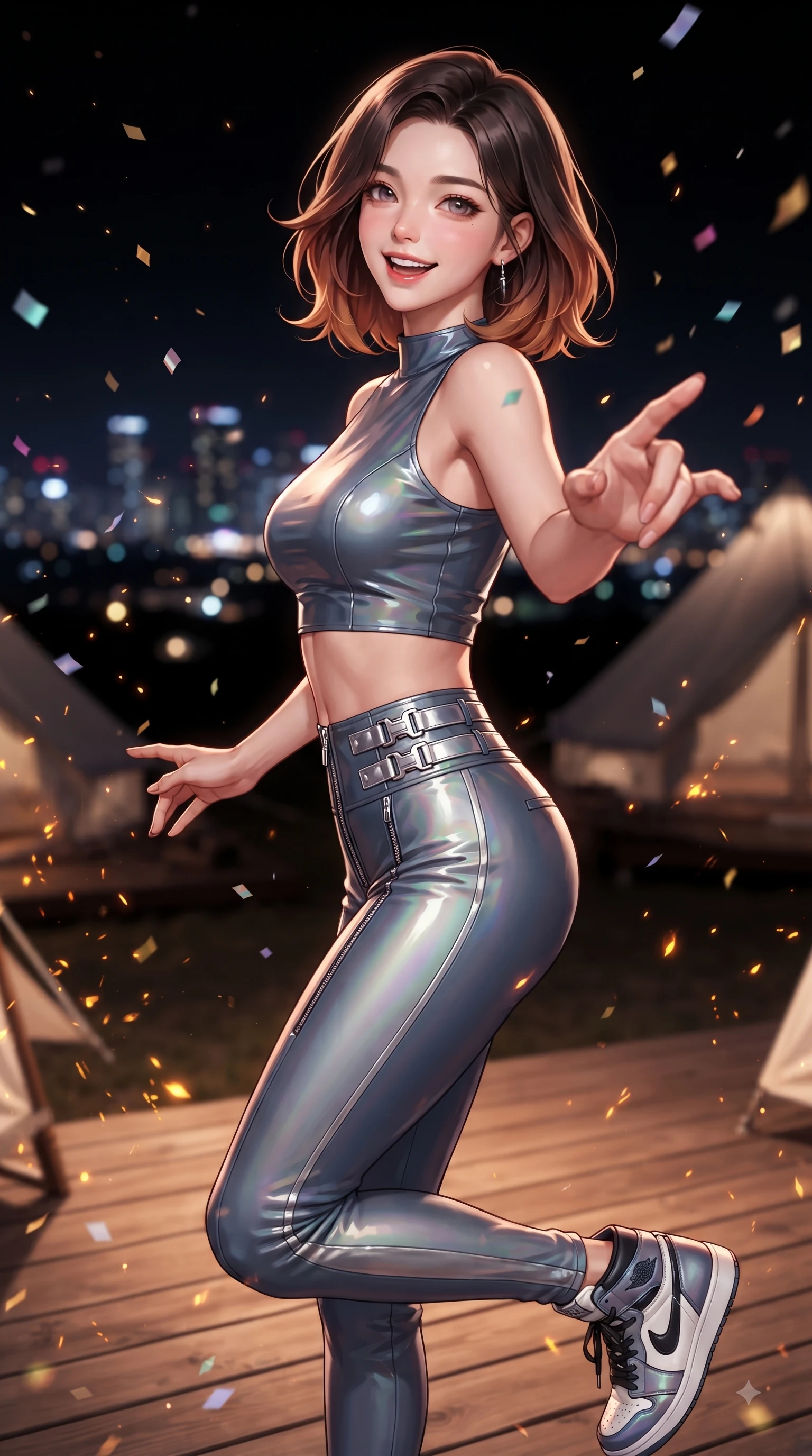 score_9, masterpiece, best quality, ultra-detailed, high-budget anime keyframe, editorial fashion photography, tasteful artistic composition, Korean woman. close-up cowboy shot from the waist and thighs up, the character dominates the composition, filling the frame with her large presence, background elements kept in soft focus. Cheerful beaming smile with parted lips, exuding pure enchanting charm while turning dynamically toward the camera while reaching her hand toward the camera while dancing on a wooden glamping terrace, sparkling confetti and golden embers drifting around her dynamic silhouette. She has an exceptionally elegant, slender, and willowy female figure with an ultra-slim waist, a gracefully sculpted slender torso, and a refined silhouette. sharp v-shaped jawline, high-bridge nose, intricate jewel-like eyes with depth, thick eyelashes, glossy lips with a natural sheen, flawlessly proportioned anatomical accuracy, natural body alignment, perfectly sculpted elegant limbs, clean dynamic posture without body distortion. wearing a glossy vinyl crop top and high-waist tailored leggings with sleek zippers in slate blue and metallic silver, crafted from iridescent chiffon that shifts colors in the light, detailed with polished silver buckles along the waistline, the tailored fabric tightly following every curve of her athletic build. illuminated by cheerful city skyline backlighting and vibrant rim lights. ultra-reflective glossy finish, specular highlights, metallic sheen, high-contrast stereoscopic depth, volumetric dynamic lighting, 2k, ultra detail, master piece, 9:16 ratio