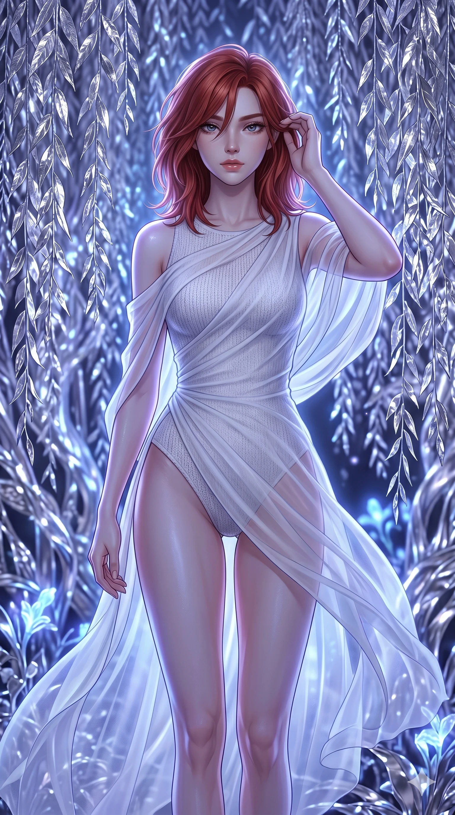 score_9, masterpiece, best quality, ultra-detailed, high-budget anime keyframe, editorial fashion photography, tasteful artistic composition, Korean woman. cowboy shot from the thighs up, character and outfit filling the frame for maximum editorial presence. Lifting one hand to gently tuck hair behind her ear mid-frame within a glowing forest of metallic weeping willows with leaves made of silver foil. She has an absolutely perfect 8-heads proportion, an exceptionally tall and slender female figure with impossibly long slender legs and an ultra-slim waist. V-shaped jawline, high-bridge nose, intricate jewel-like eyes with depth, thick eyelashes, glossy lips with a natural sheen. wearing a fitted white knit bodysuit layered under an asymmetric draped overlay of translucent chiffon that flows dynamically with her movement. bathed in cool ethereal blue-violet bioluminescent glow that highlights her form from all sides. 2k, ultra detail, master piece, 9:16 ratio